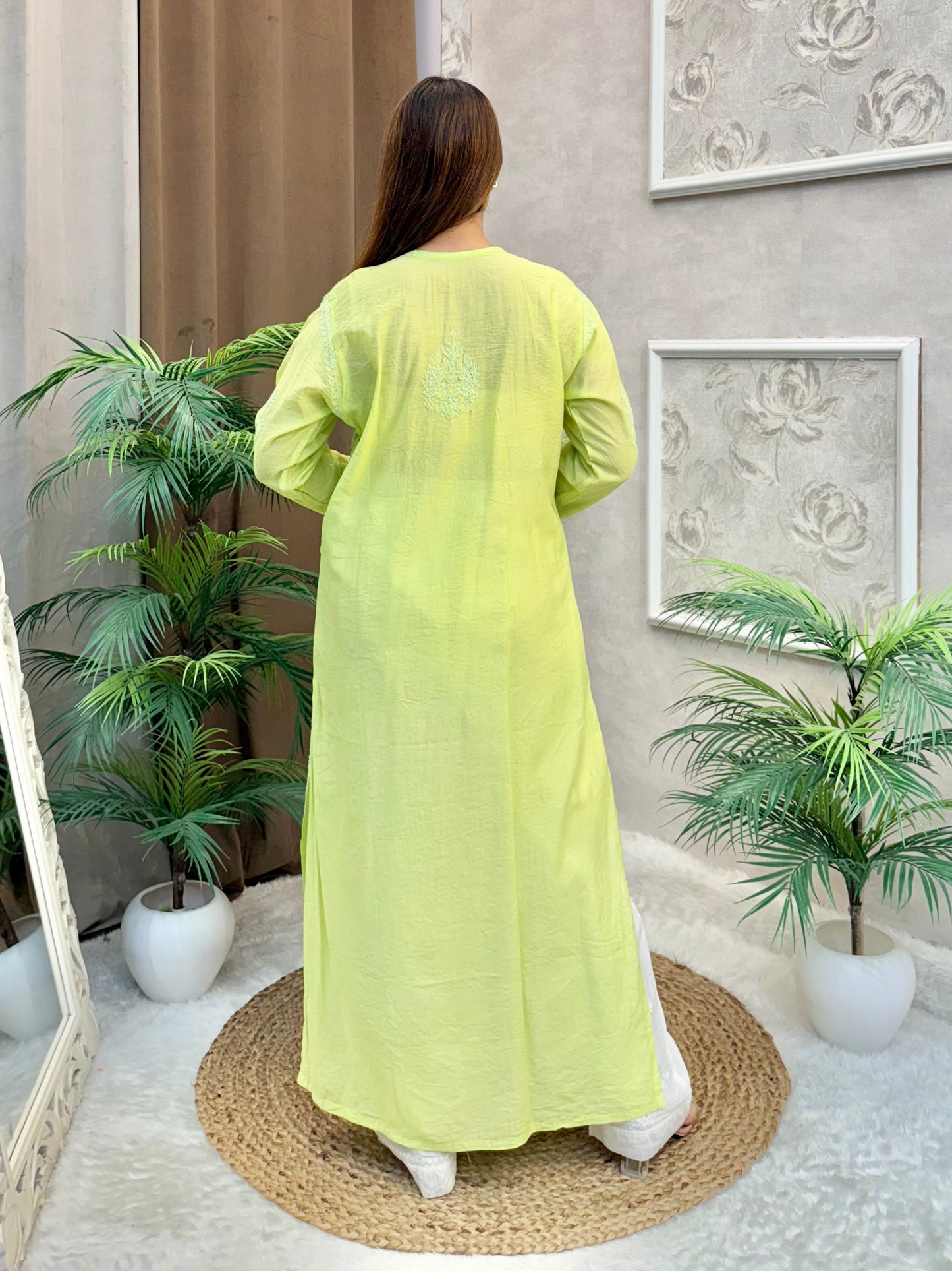 Lemon yellow chanderi Lucknow Chikankari kurta
