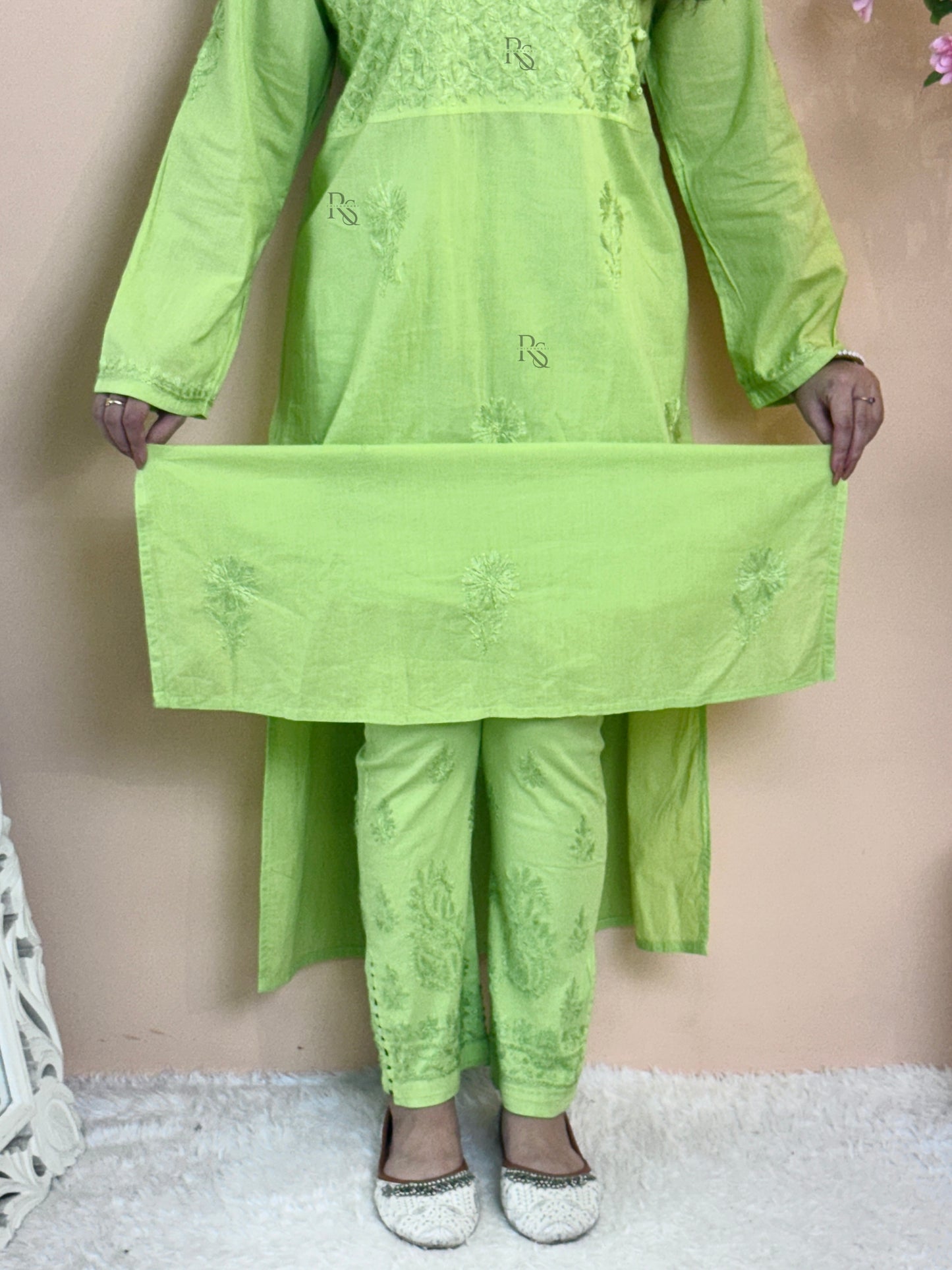 Lime green cotton chikankari kurta with matching stretch pant, hand embroidered ethnic set