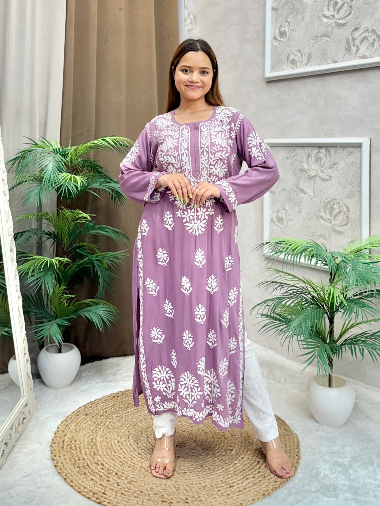 Lavender modal Lucknow Chikankari kurta with hand embroider