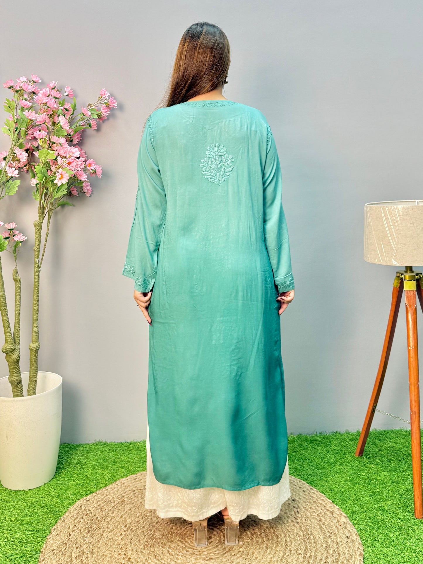 Sea green modal fabric Lucknow Chikankari long straight kurta with handcrafted embroidery