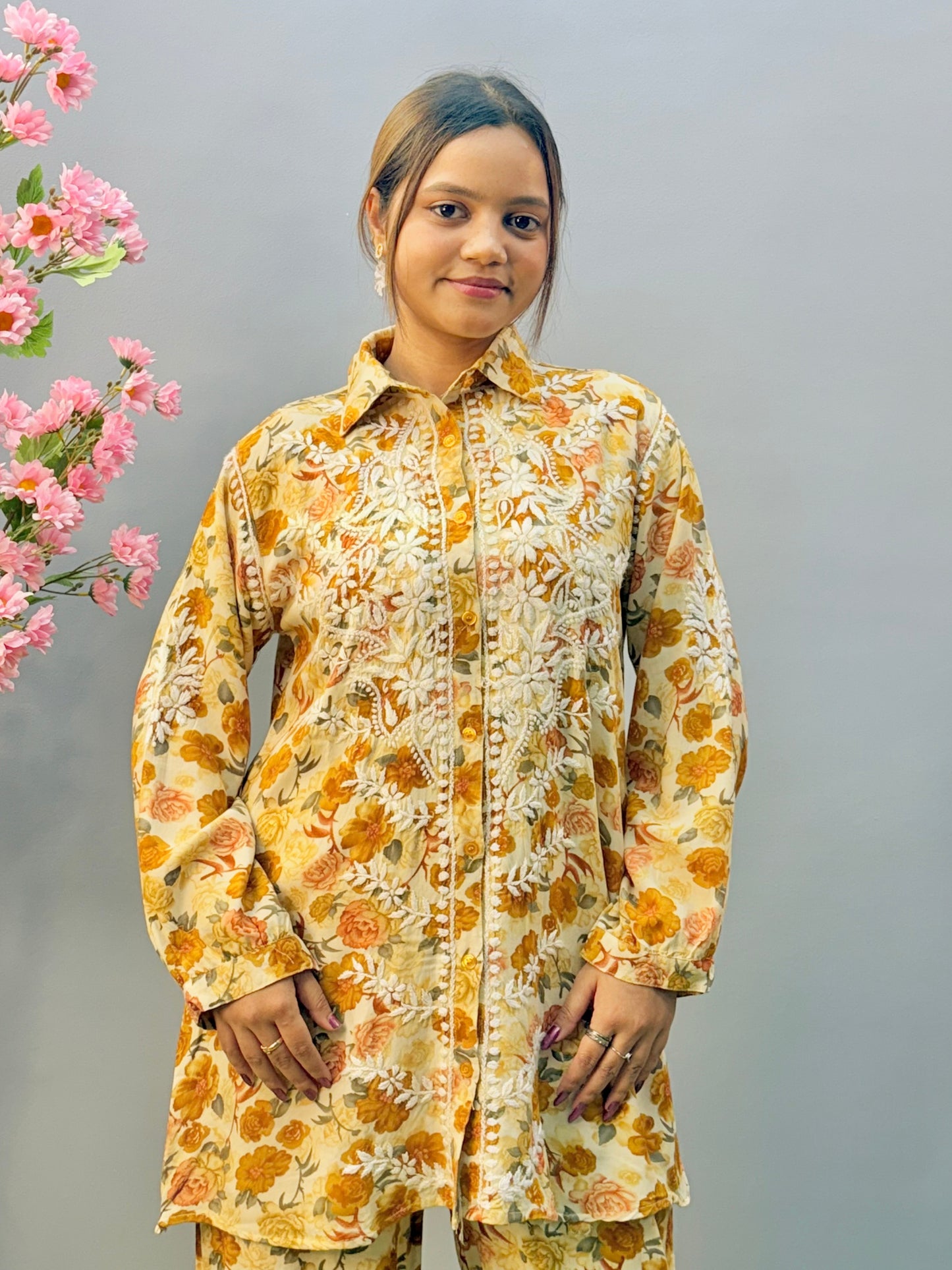 Printed Mustard Rayon Chikankari Co-ord Set
