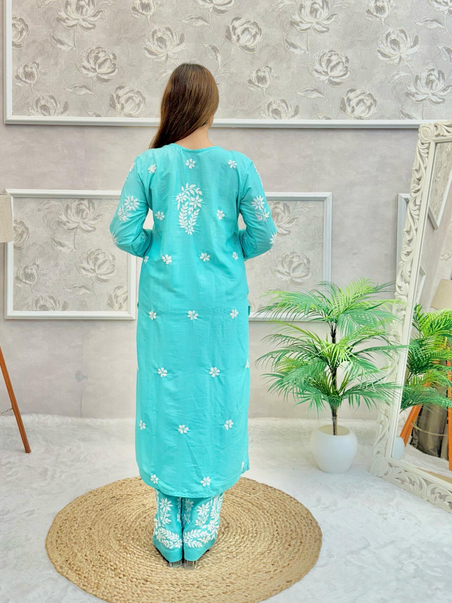 Teal muslin Lucknow Chikankari kurta and pant set with white hand embroidery