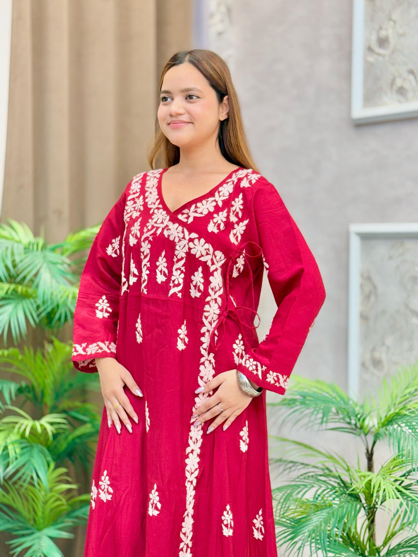 Maroon Chanderi fabric Angrakha-style kurta with white Lucknow Chikankari embroidery