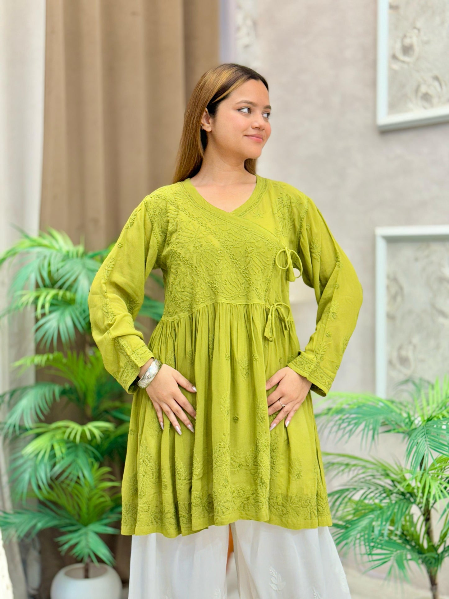 Olive green viscose short flared angrakha kurta with Lucknow chikankari embroidery