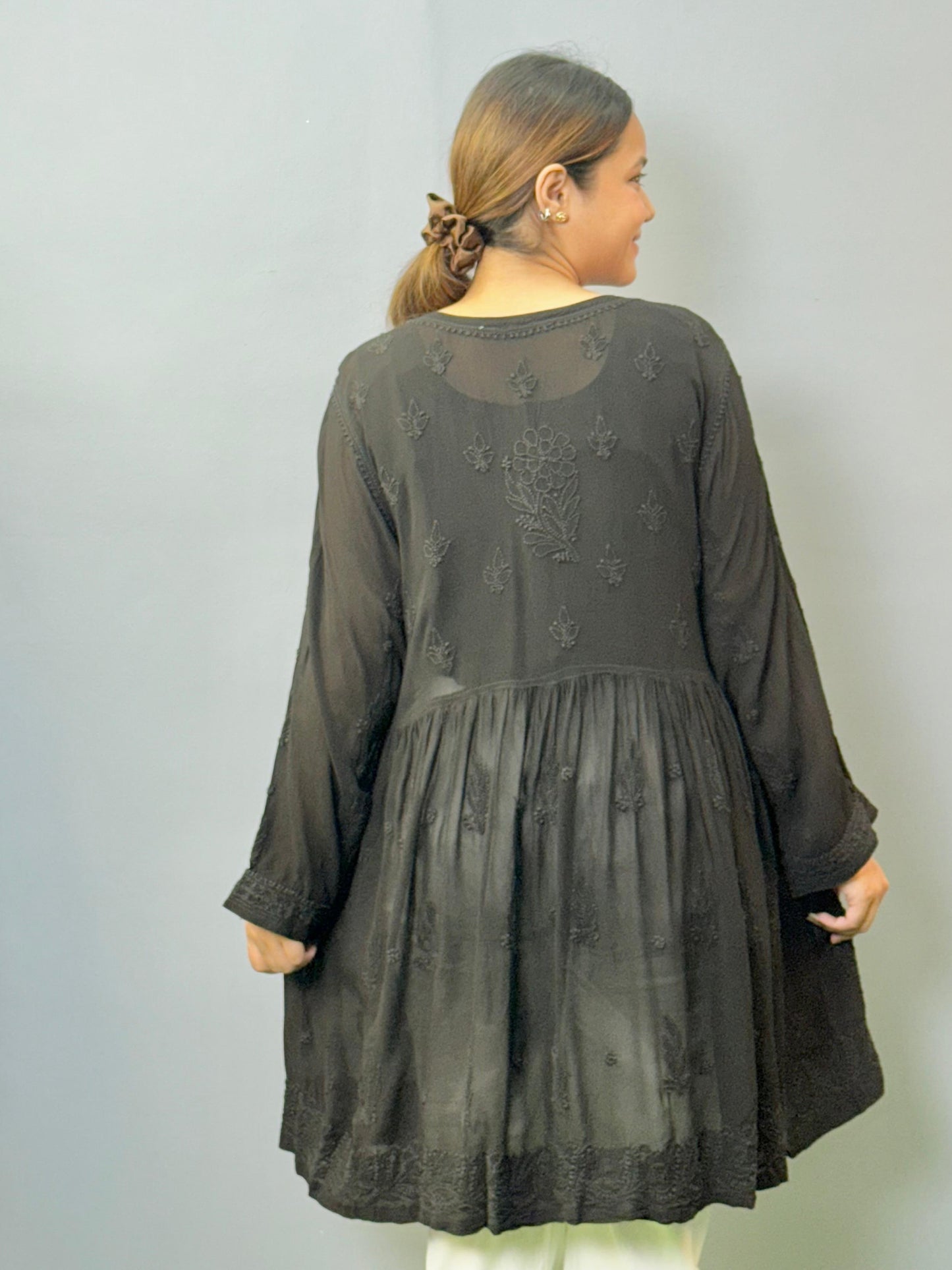 Black Lucknow chikankari short kurta with angrakha pattern in viscose transy fabric