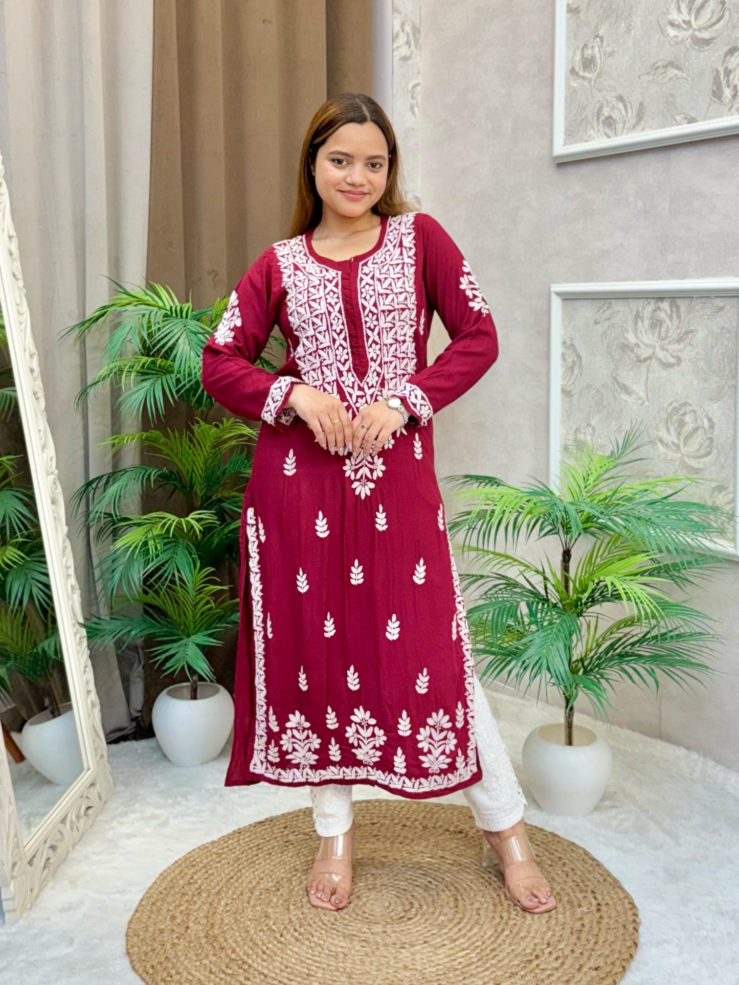 Maroon modal fabric Lucknow Chikankari kurta with white thread hand embroidery