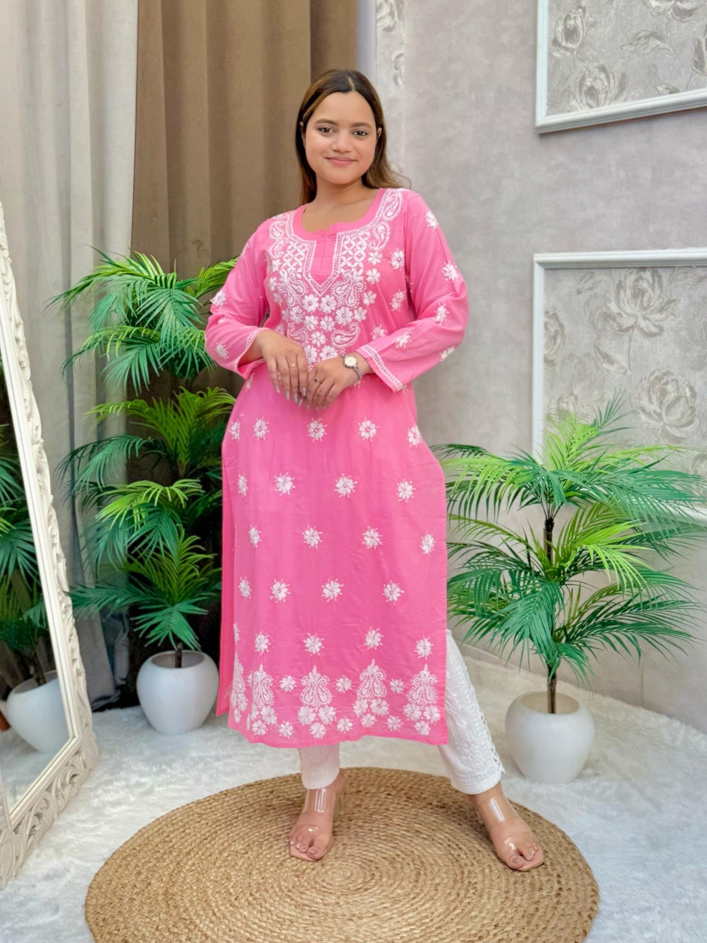 Baby pink cotton Lucknow Chikankari kurta with white hand embroidery