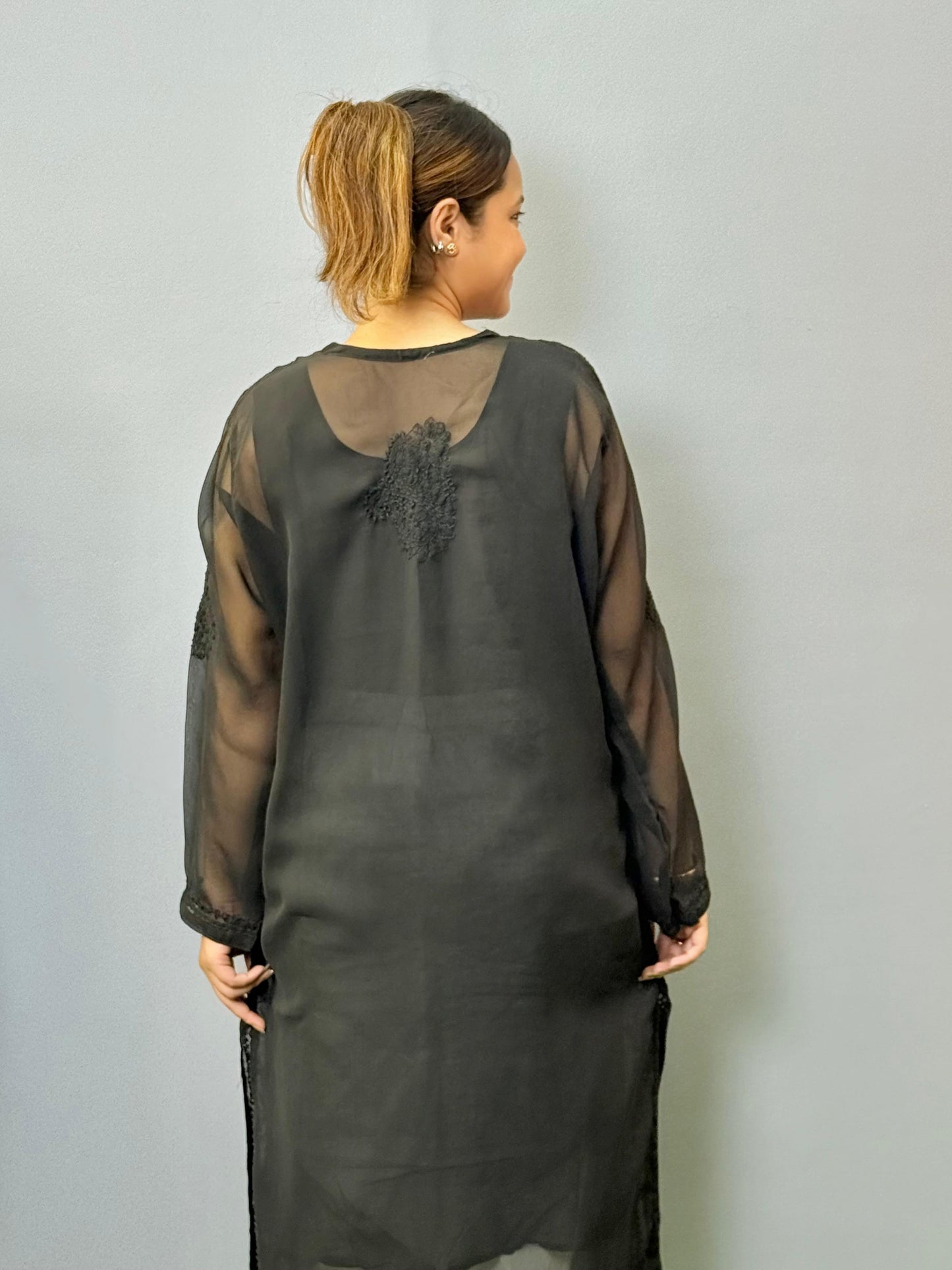 Black sheer georgette chikankari kurta with hand embroidery and straight fit