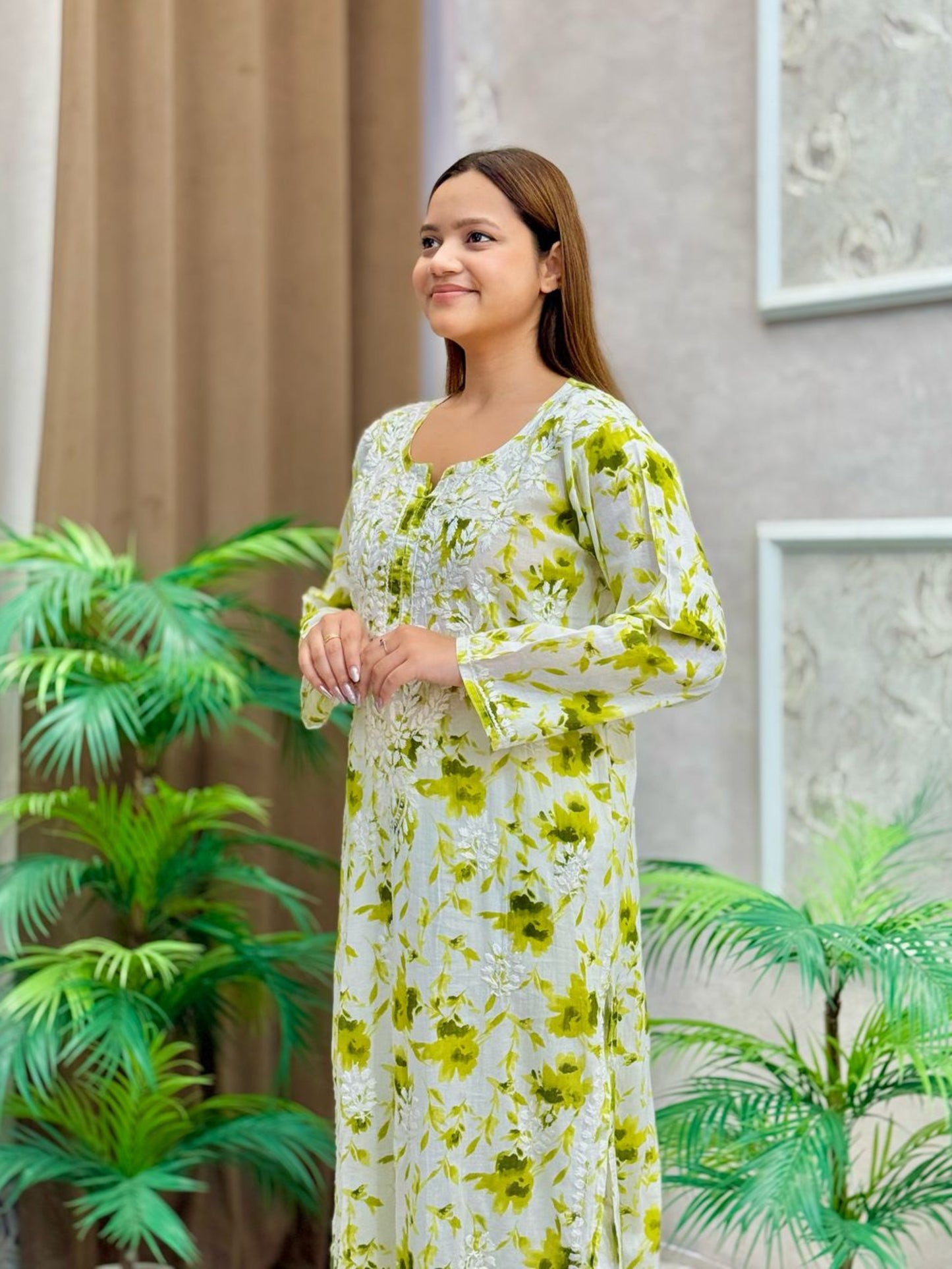 Lime green floral printed mulmul kurta with Lucknow chikankari embroidery