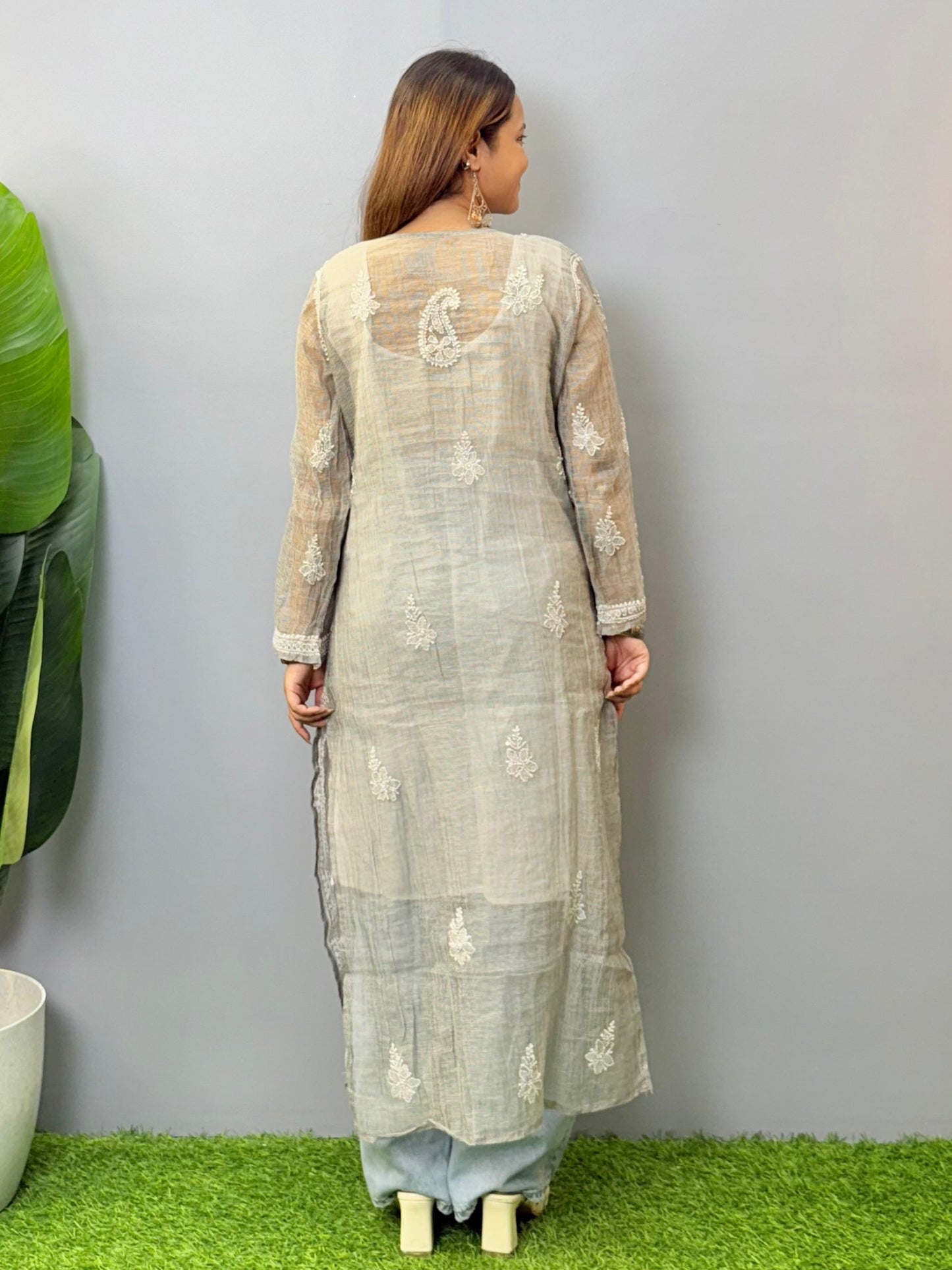 Muted stone grey kota chikankari kurta with white thread hand embroidery