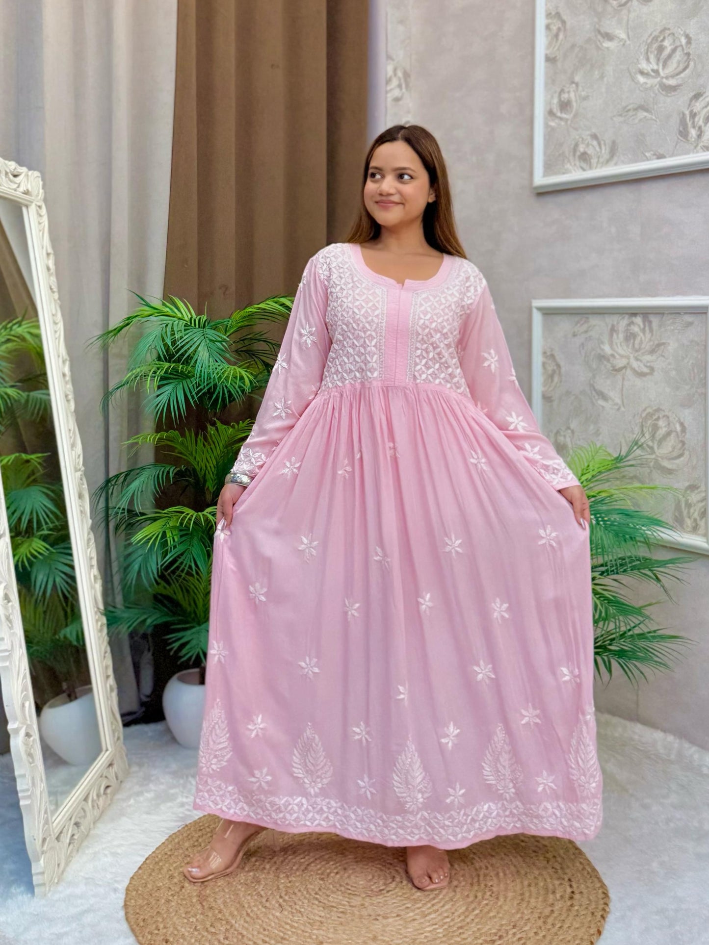 Baby pink modal Lucknow Chikankari long frock kurta with delicate hand embroidery