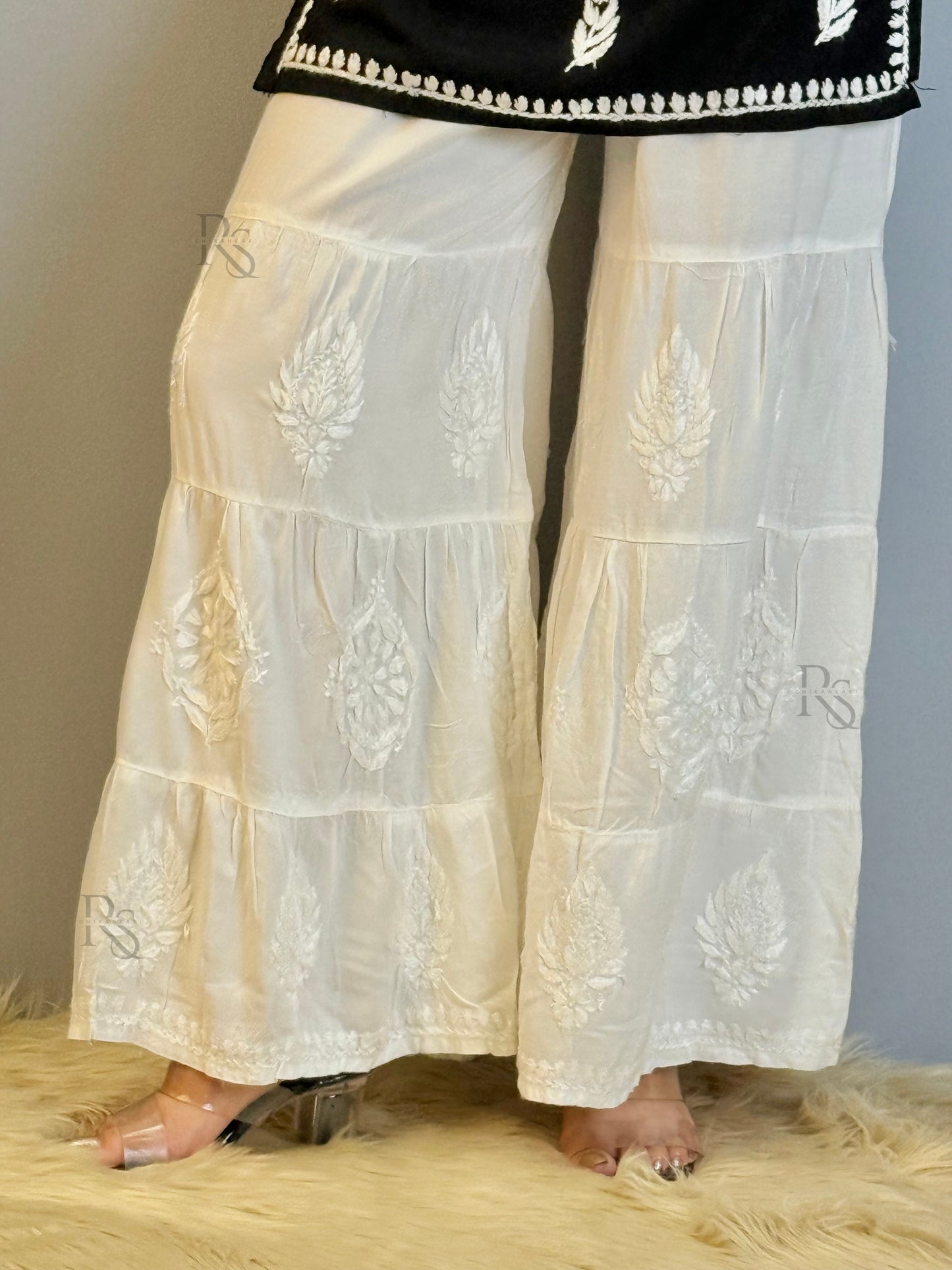 White modal 3-step sharara with hand Chikankari embroidery – bottom wear