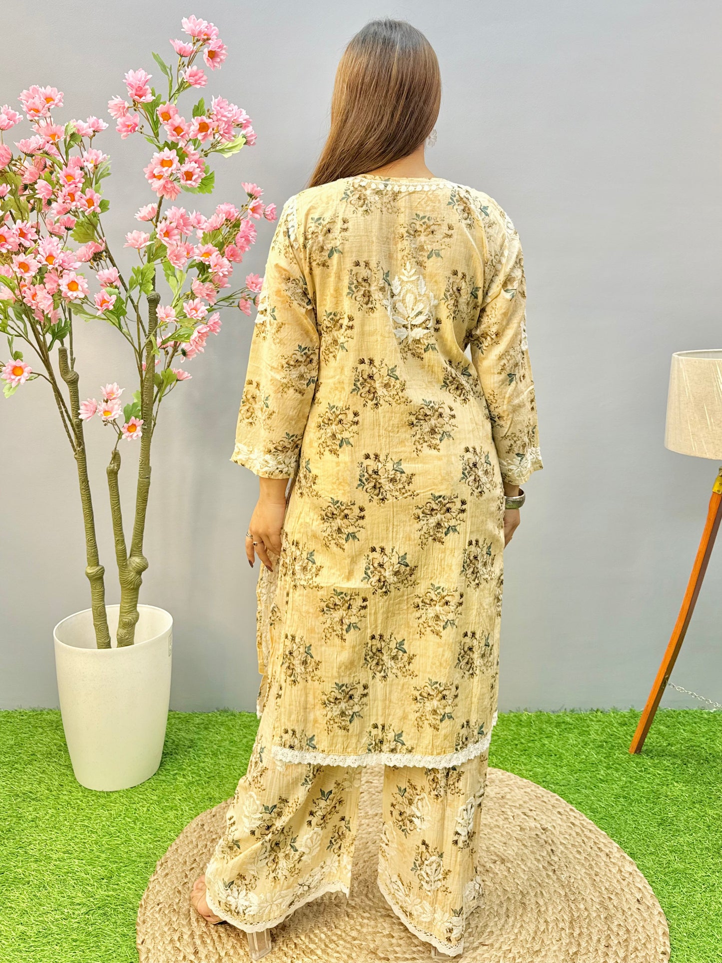 Beige floral mulmul chikankari kurta and palazzo set with lace detailing