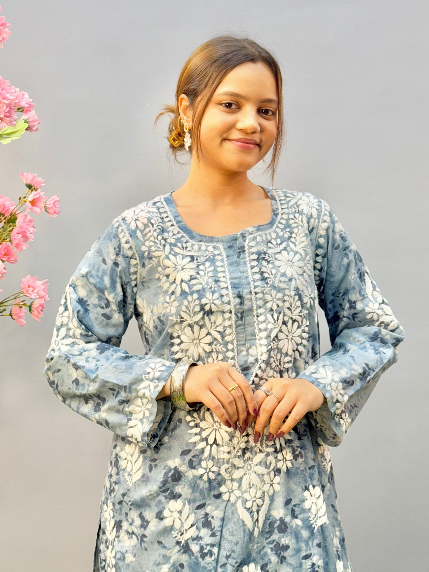Dusty blue printed Lucknow chikankari kurta and palazzo set in soft mulmul fabric