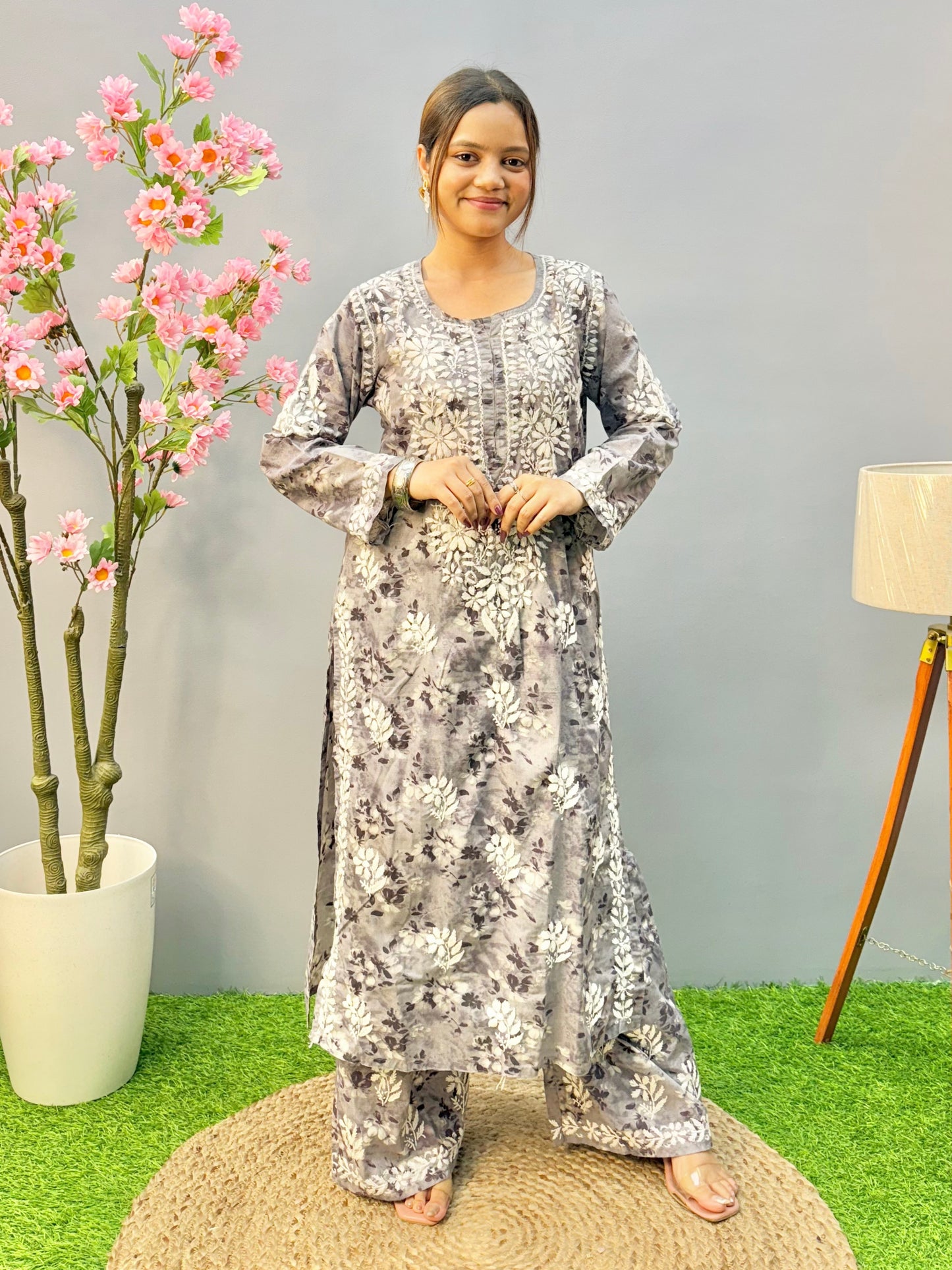 Smoky grey mulmul printed Lucknow Chikankari kurta and palazzo set