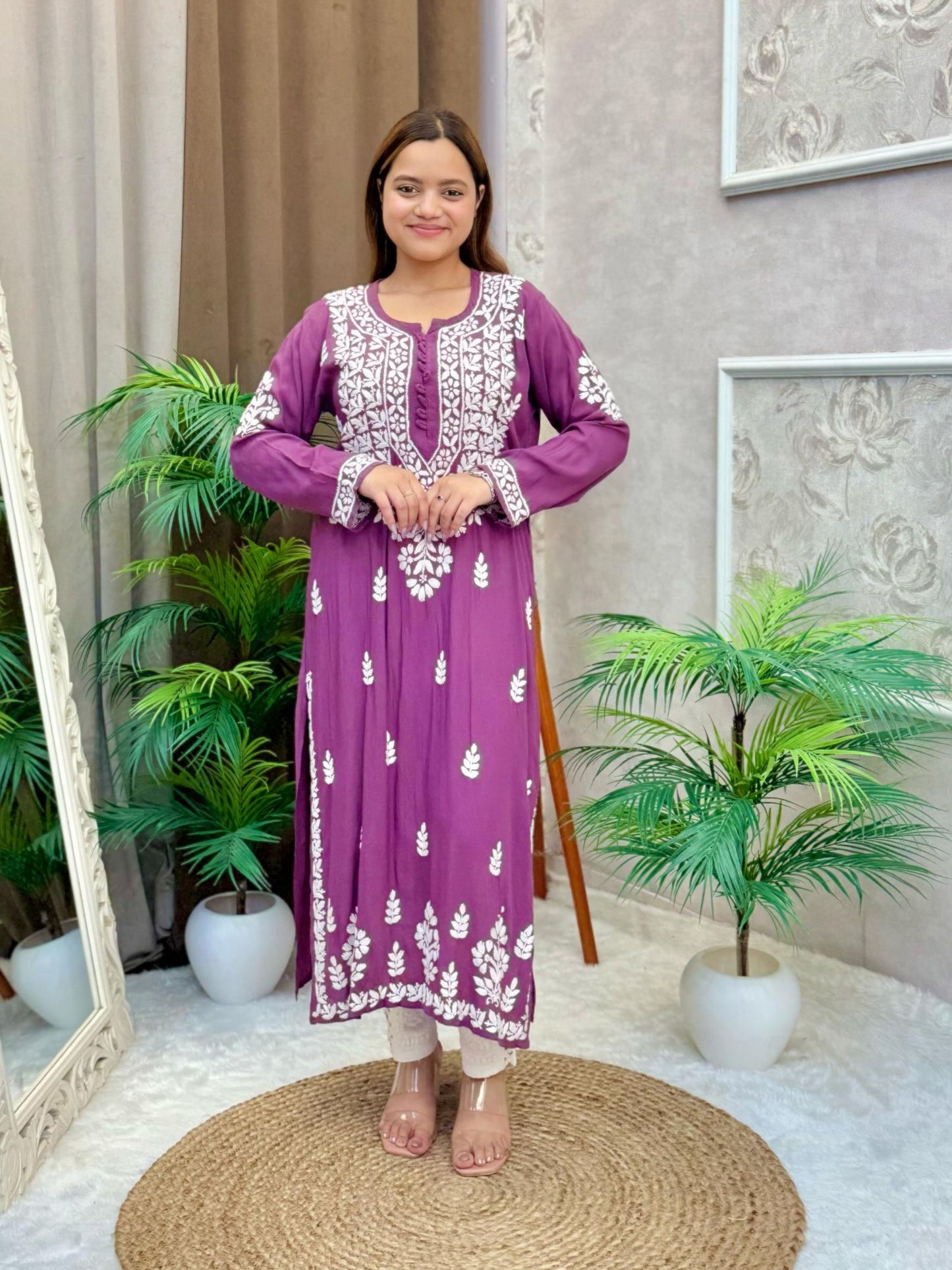 Grape modal fabric kurta with Lucknow Chikankari embroidery