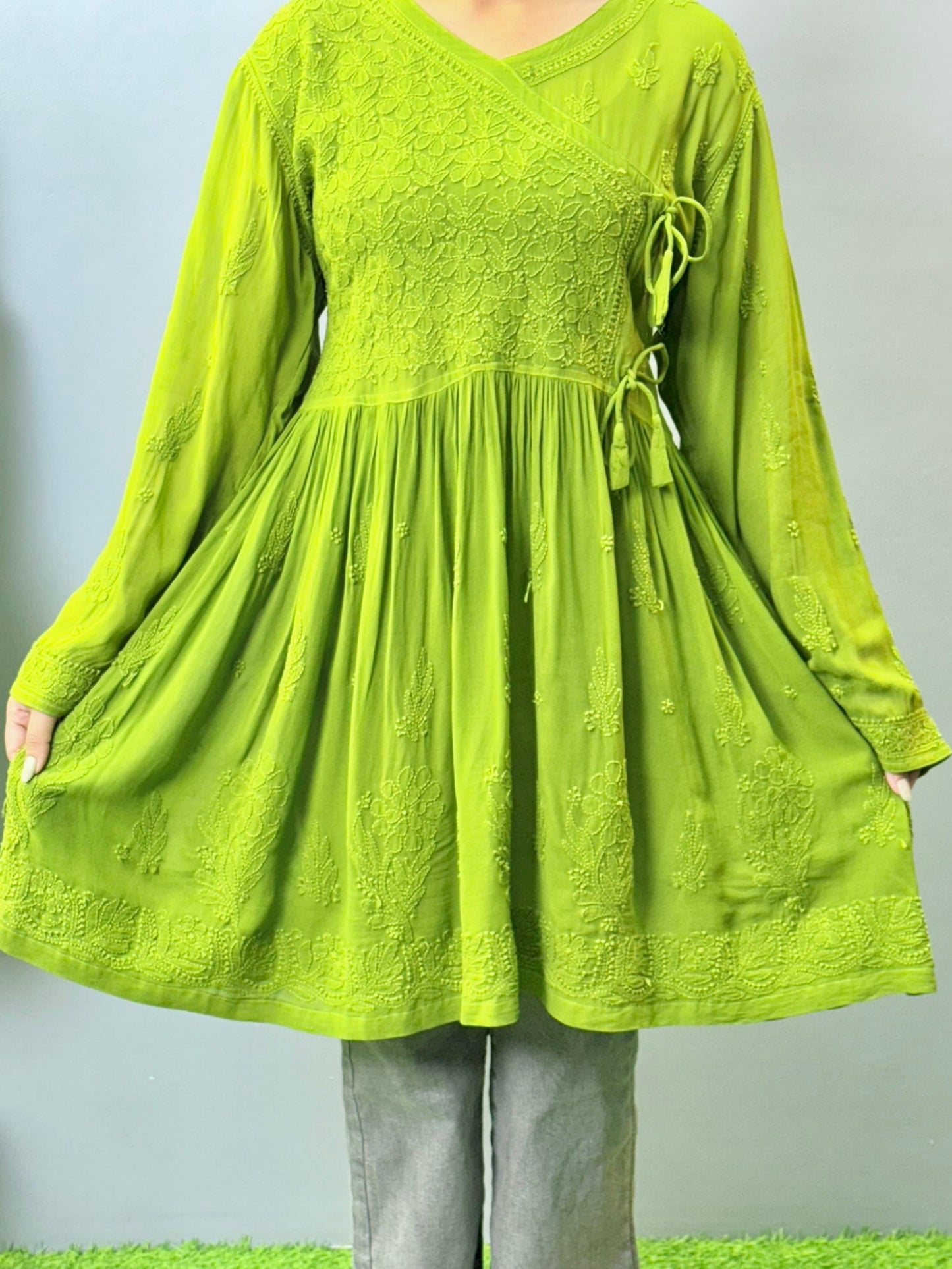 Olive green viscose angrakha-style Lucknowi Chikankari short kurta with hand embroidery
