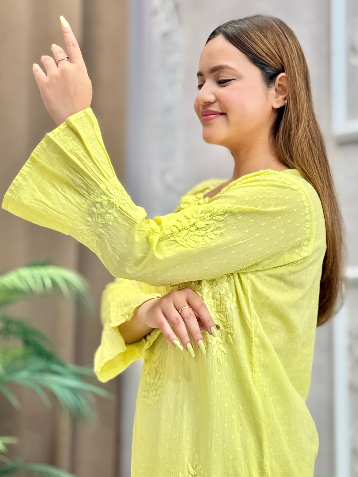 Yellow Chikankari dobby cotton kurta with hand embroidery and bell sleeves