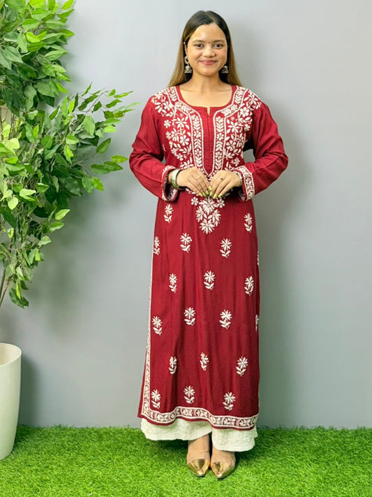 Maroon rayon Lucknow Chikankari kurta with white thread hand embroidery