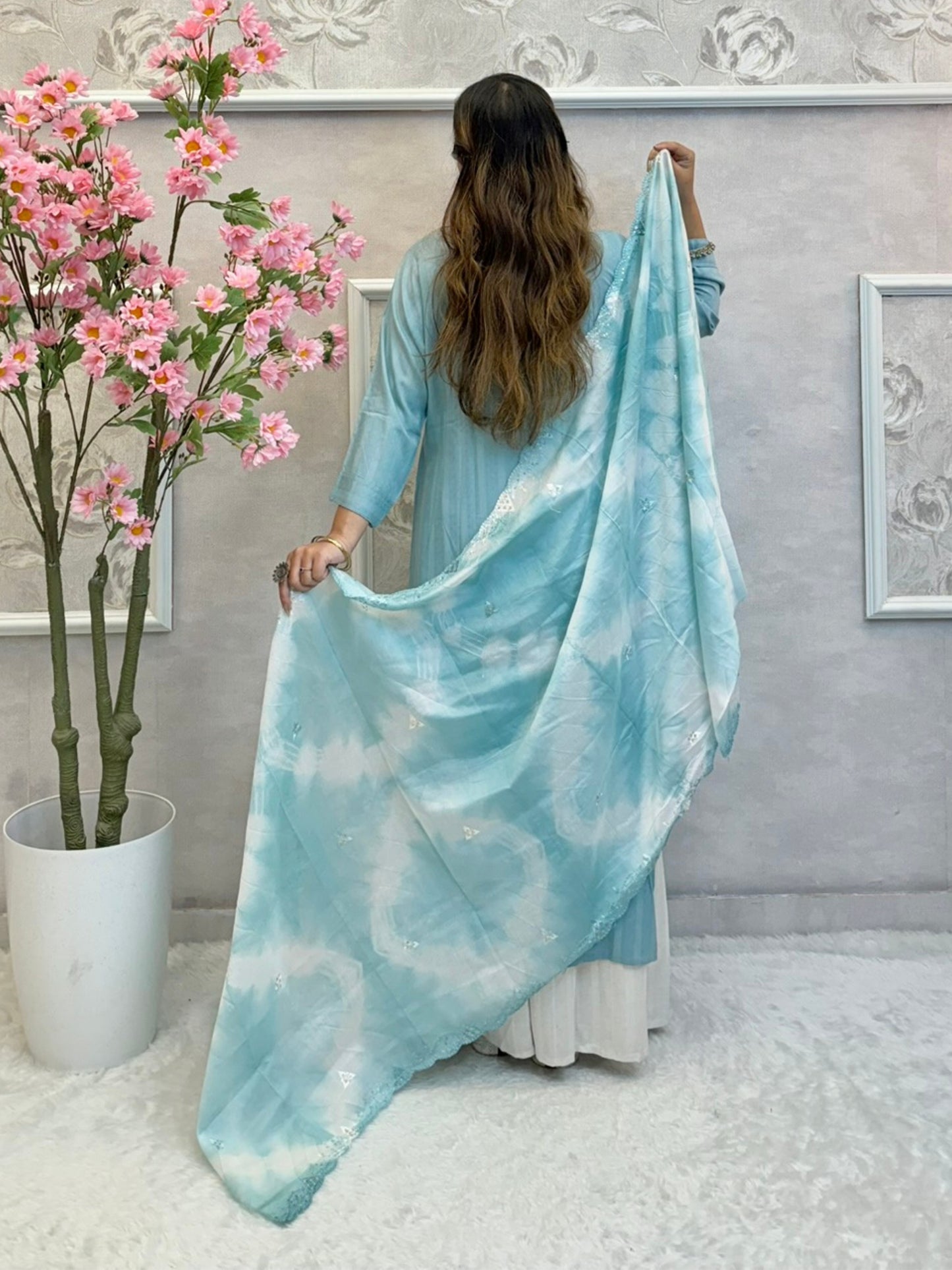 Sky blue rayon kurta with white palazzo and tie-dye chiffon dupatta casual wear set