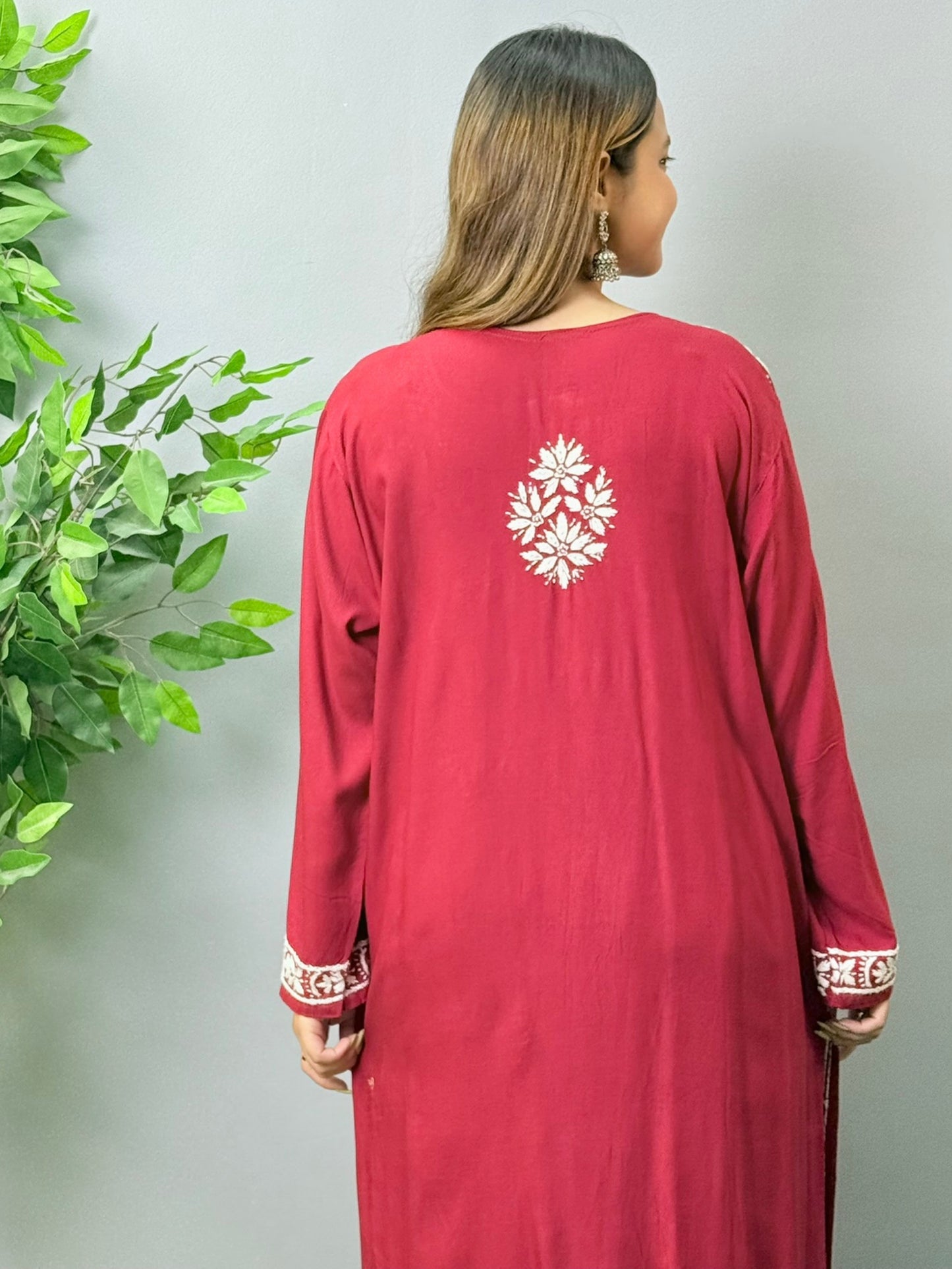 Maroon rayon Lucknow Chikankari kurta with white thread hand embroidery