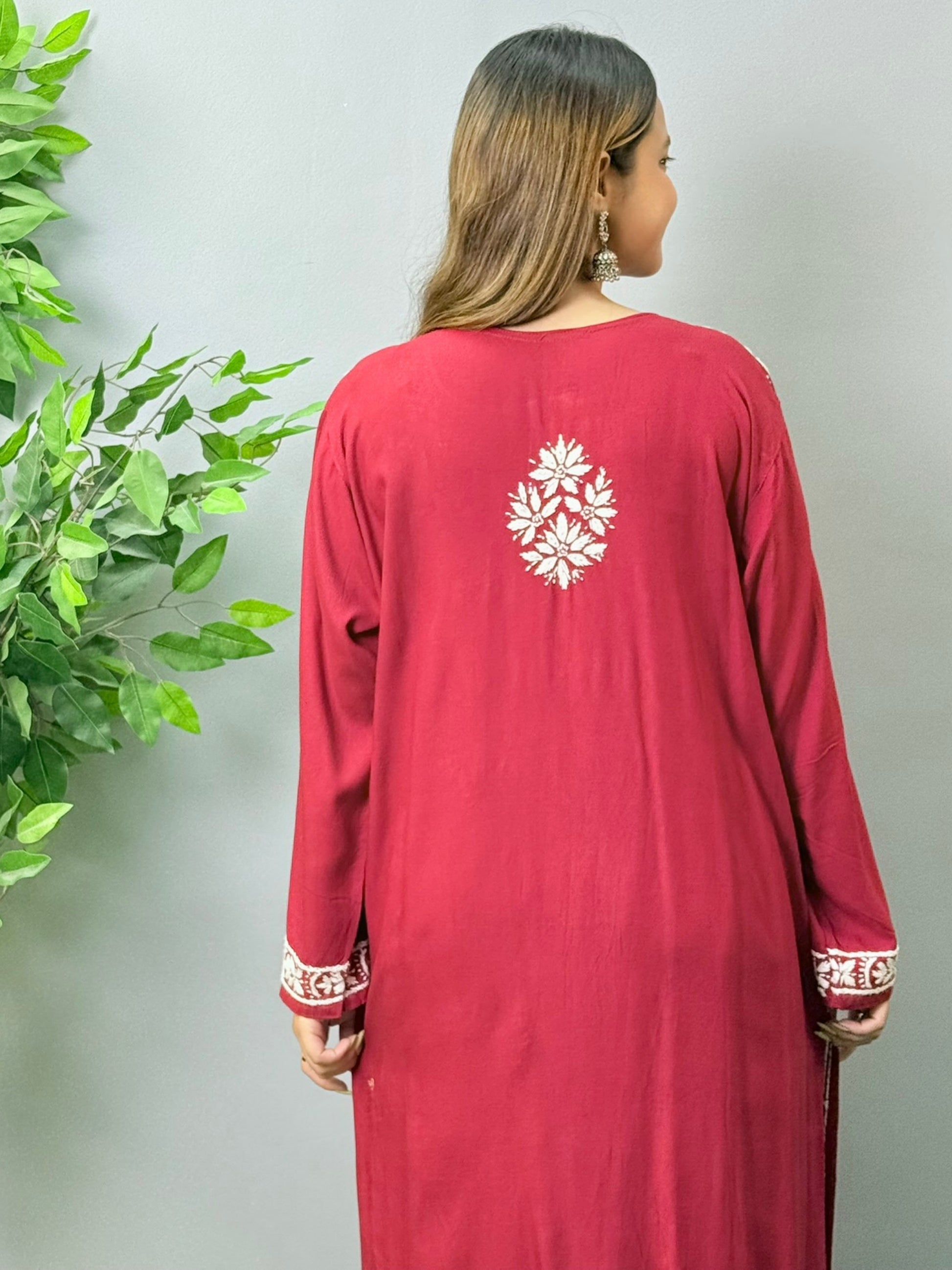 Maroon rayon Lucknow Chikankari kurta with white thread hand embroidery