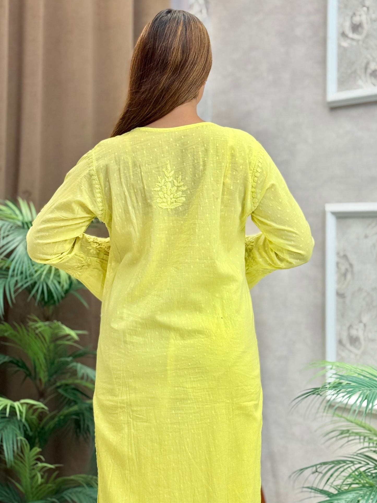 Yellow Chikankari dobby cotton kurta with hand embroidery and bell sleeves