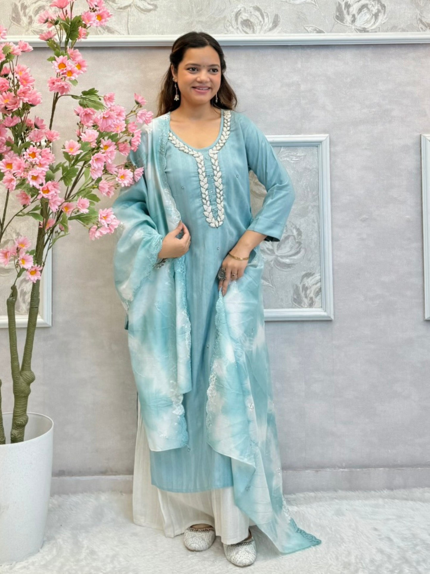 Sky blue rayon kurta set with palazzo and printed chanderi dupatta, featuring embroidered neckline