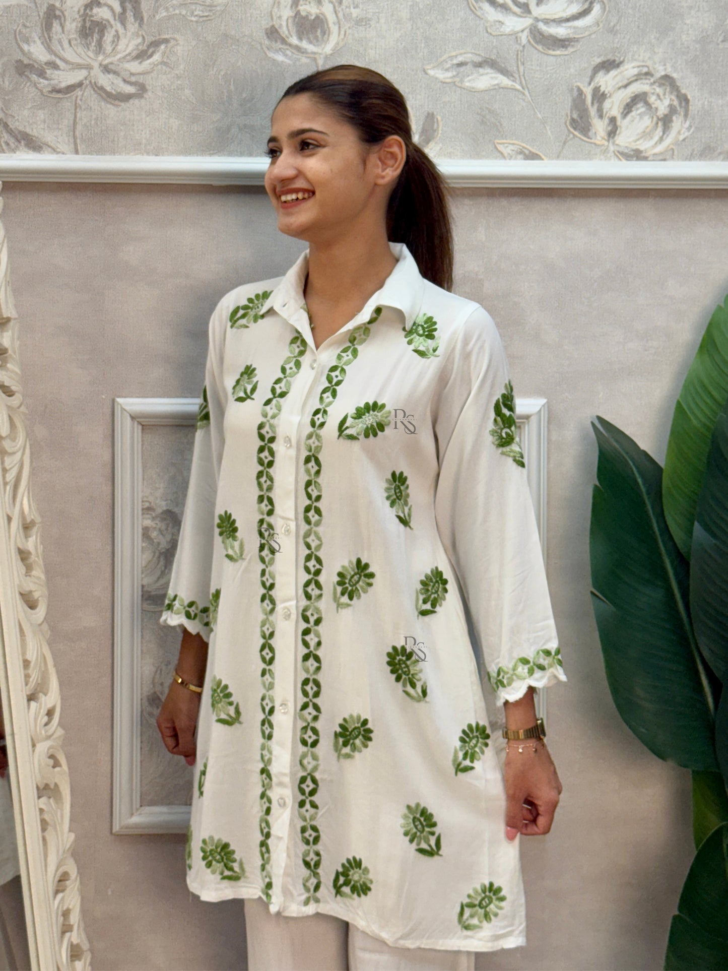 White rayon Lucknow Chikankari kurta and palazzo set with green thread hand embroidery