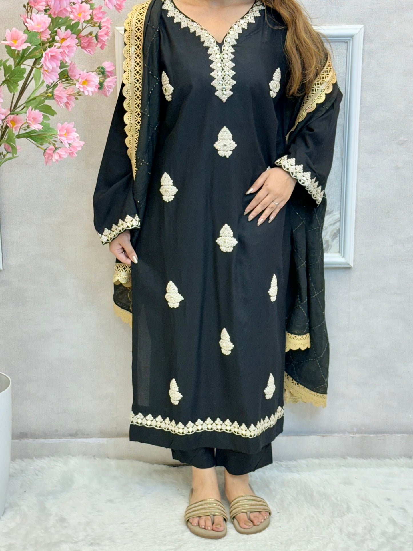 Black rayon kurta set with gold zari embroidery and chanderi dupatta – designer festive wear