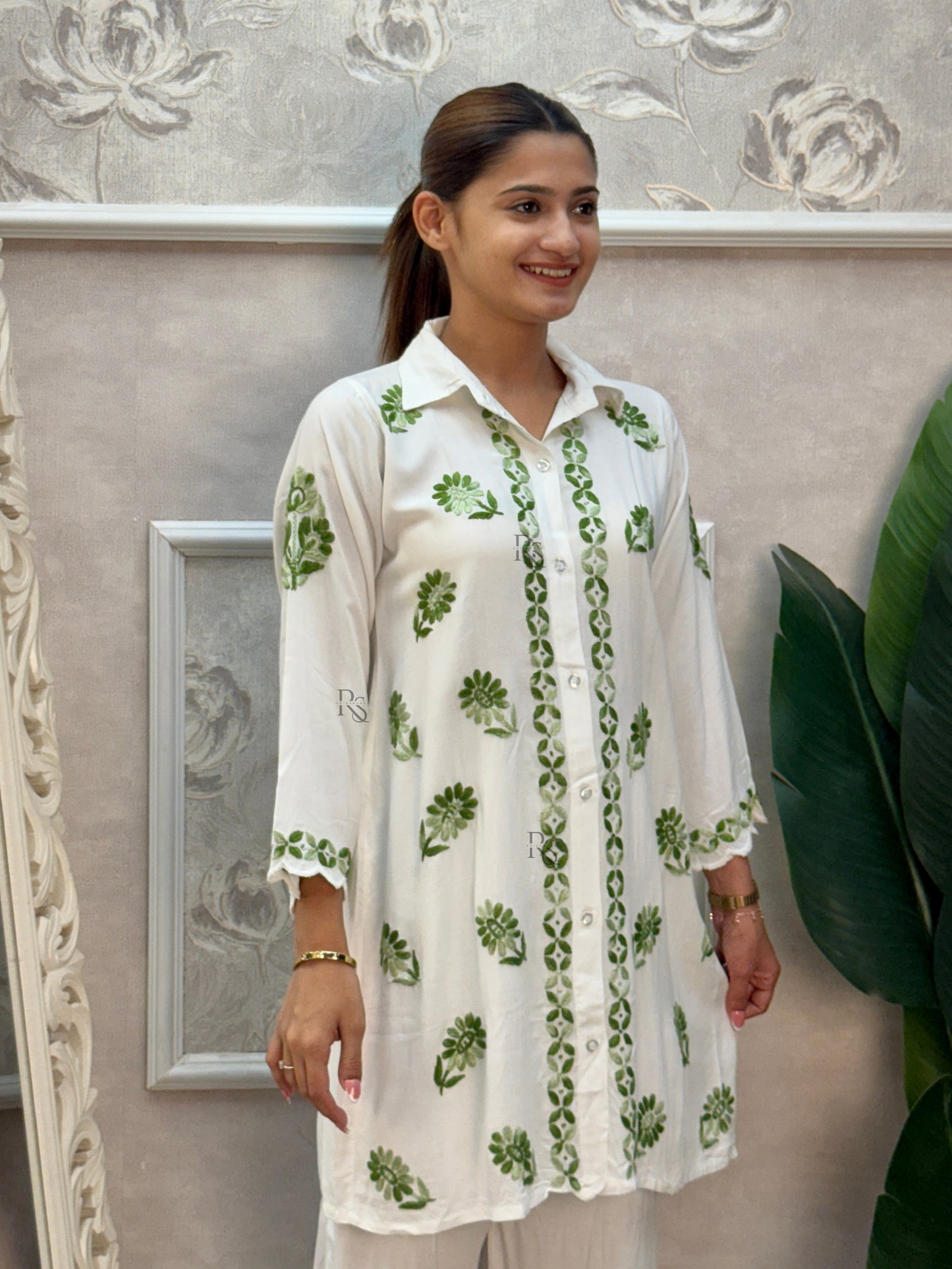 White rayon Lucknow Chikankari kurta and palazzo set with green thread hand embroidery