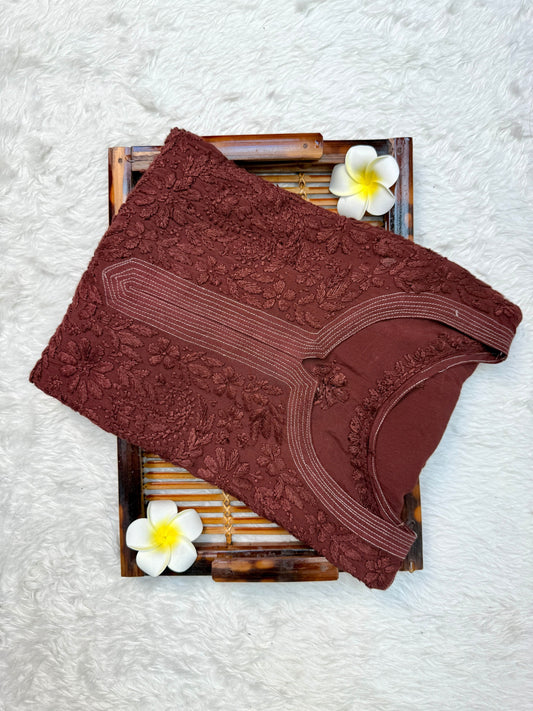 Lucknow chikankari rust modal kurta with hand embroidery