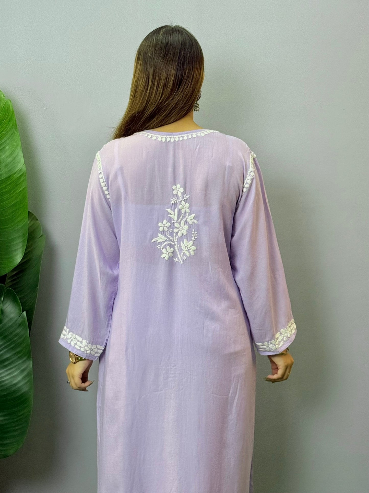 Lilac modal Lucknowi Chikankari kurta with white hand embroidery, soft and comfortable