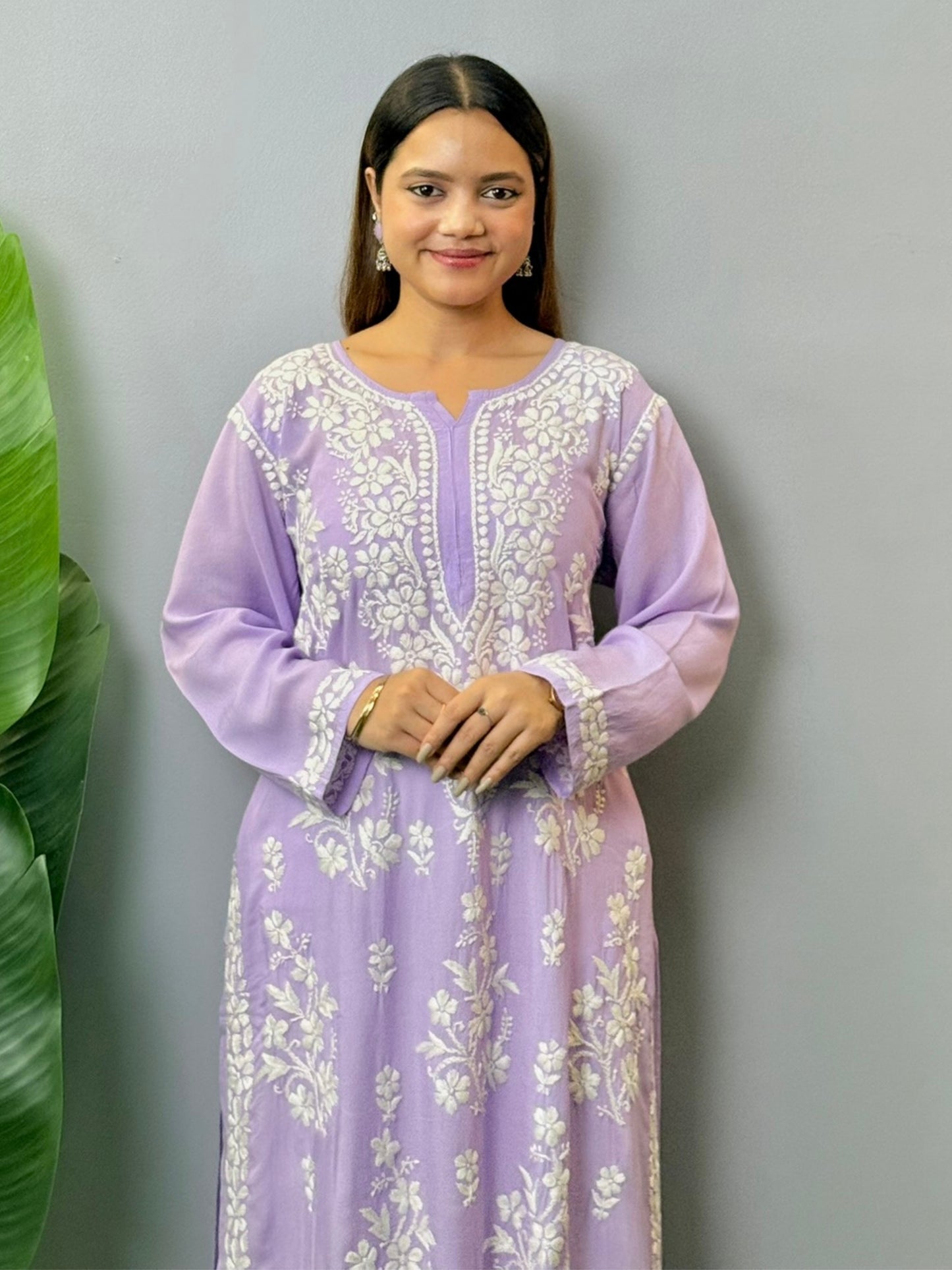 Lilac modal Lucknowi Chikankari kurta with white hand embroidery, soft and comfortable