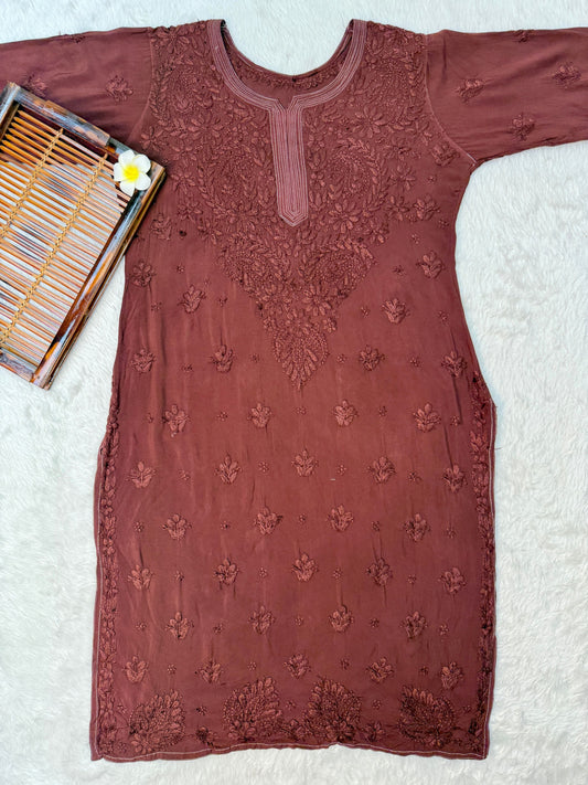 Lucknow chikankari rust modal kurta with hand embroidery