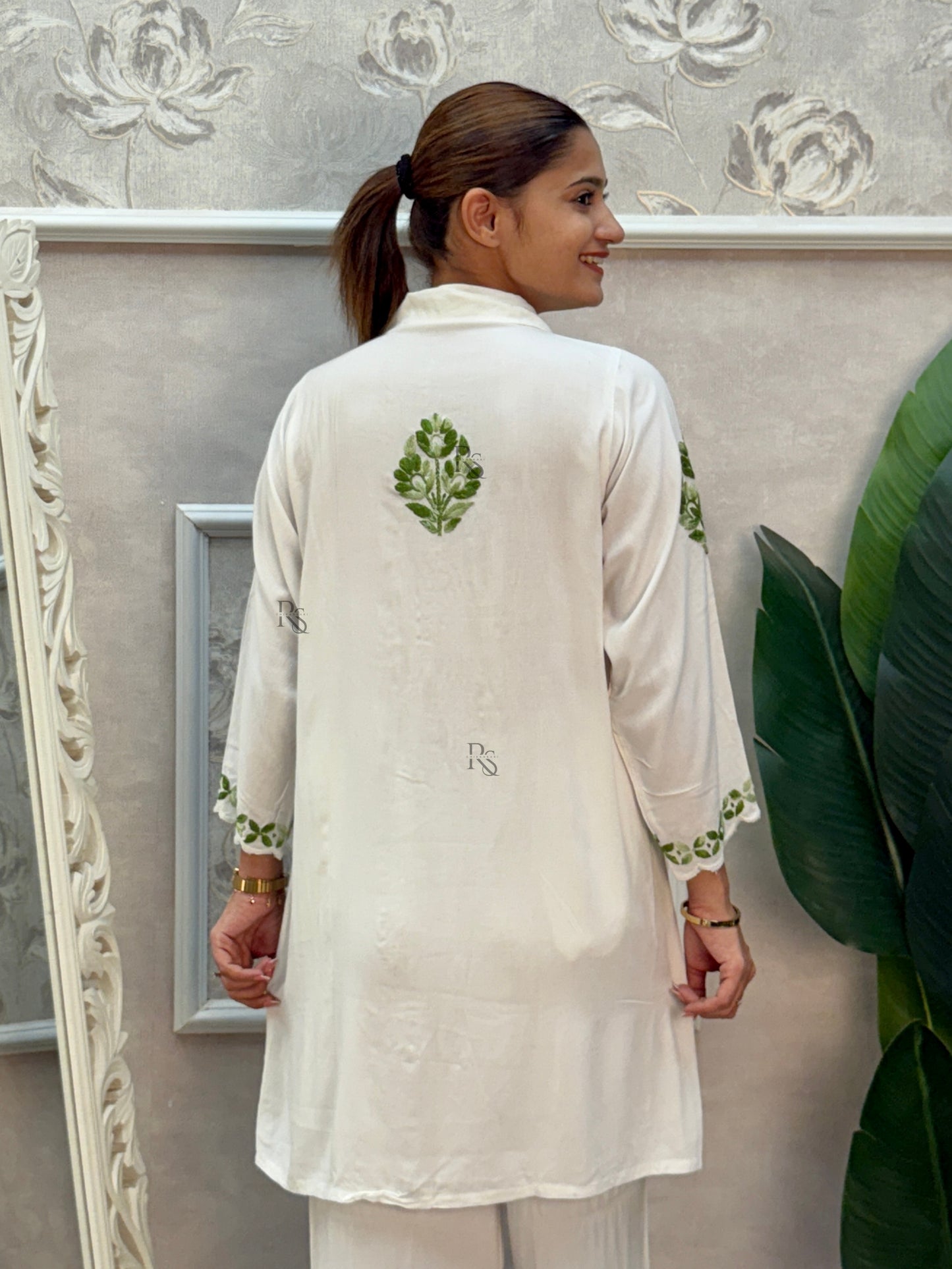 White rayon Lucknow Chikankari kurta and palazzo set with green thread hand embroidery