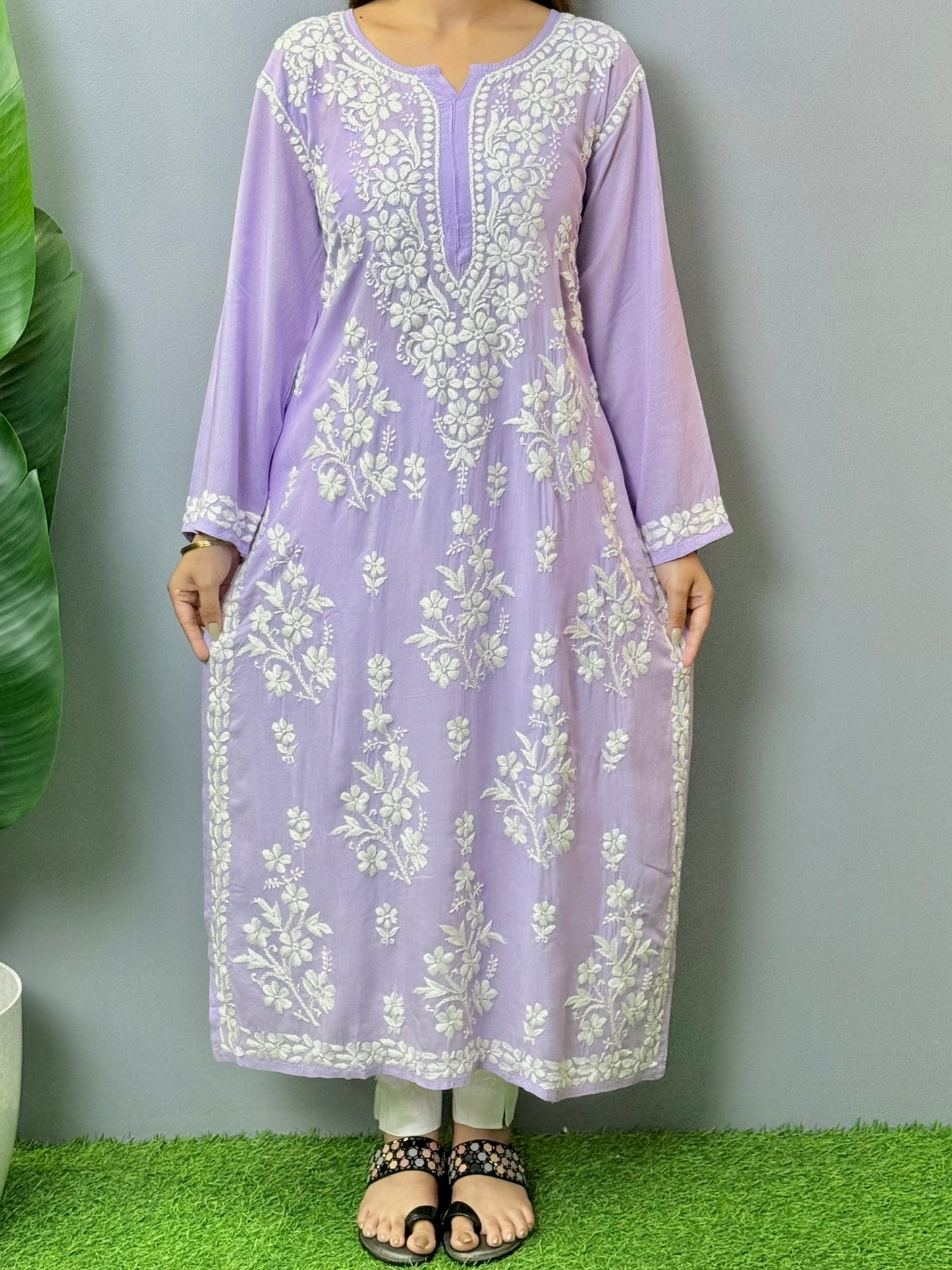Lilac modal Lucknowi Chikankari kurta with white hand embroidery, soft and comfortable