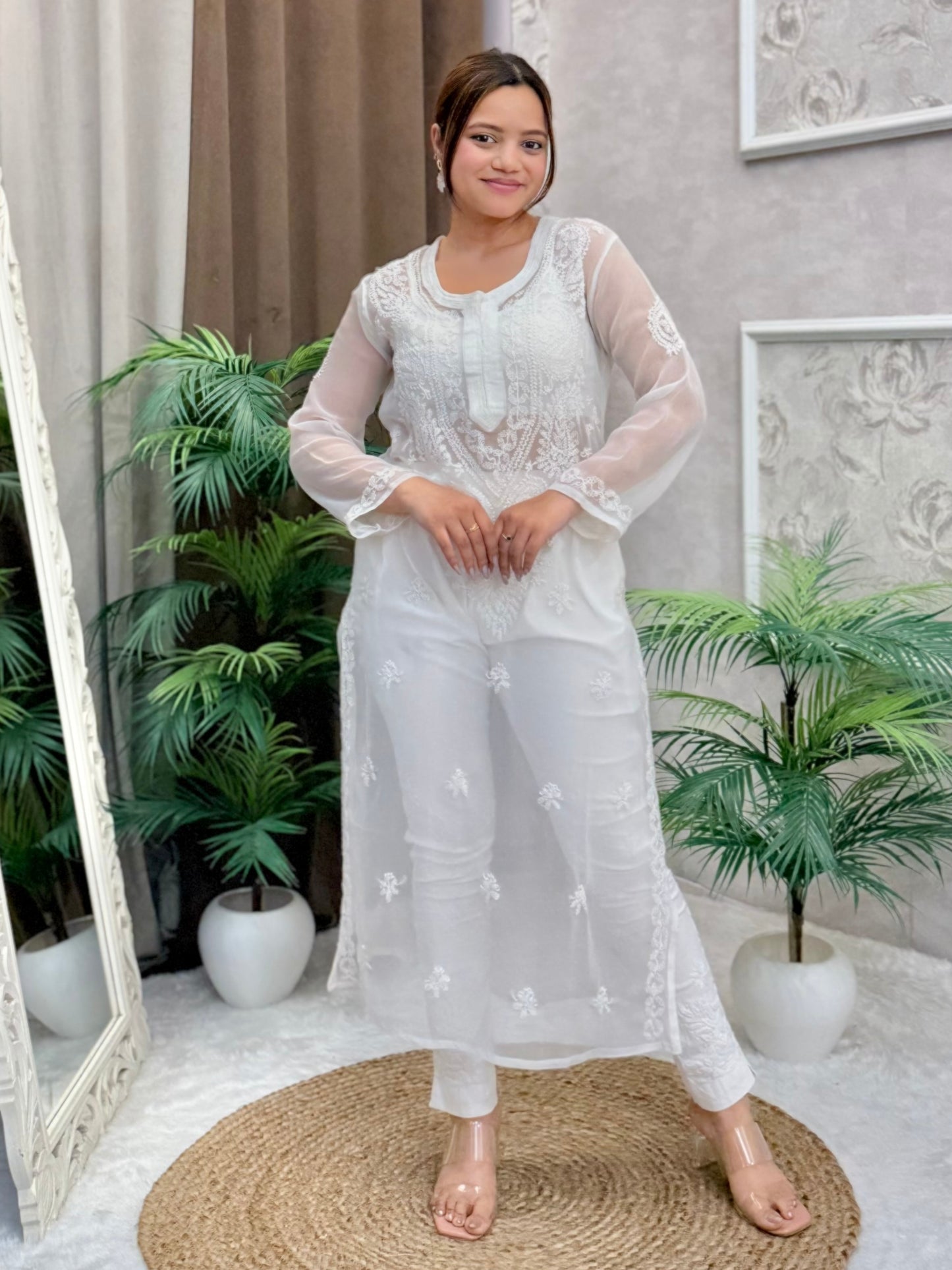 White translucent georgette chikankari kurta with hand embroidery – casual wear.