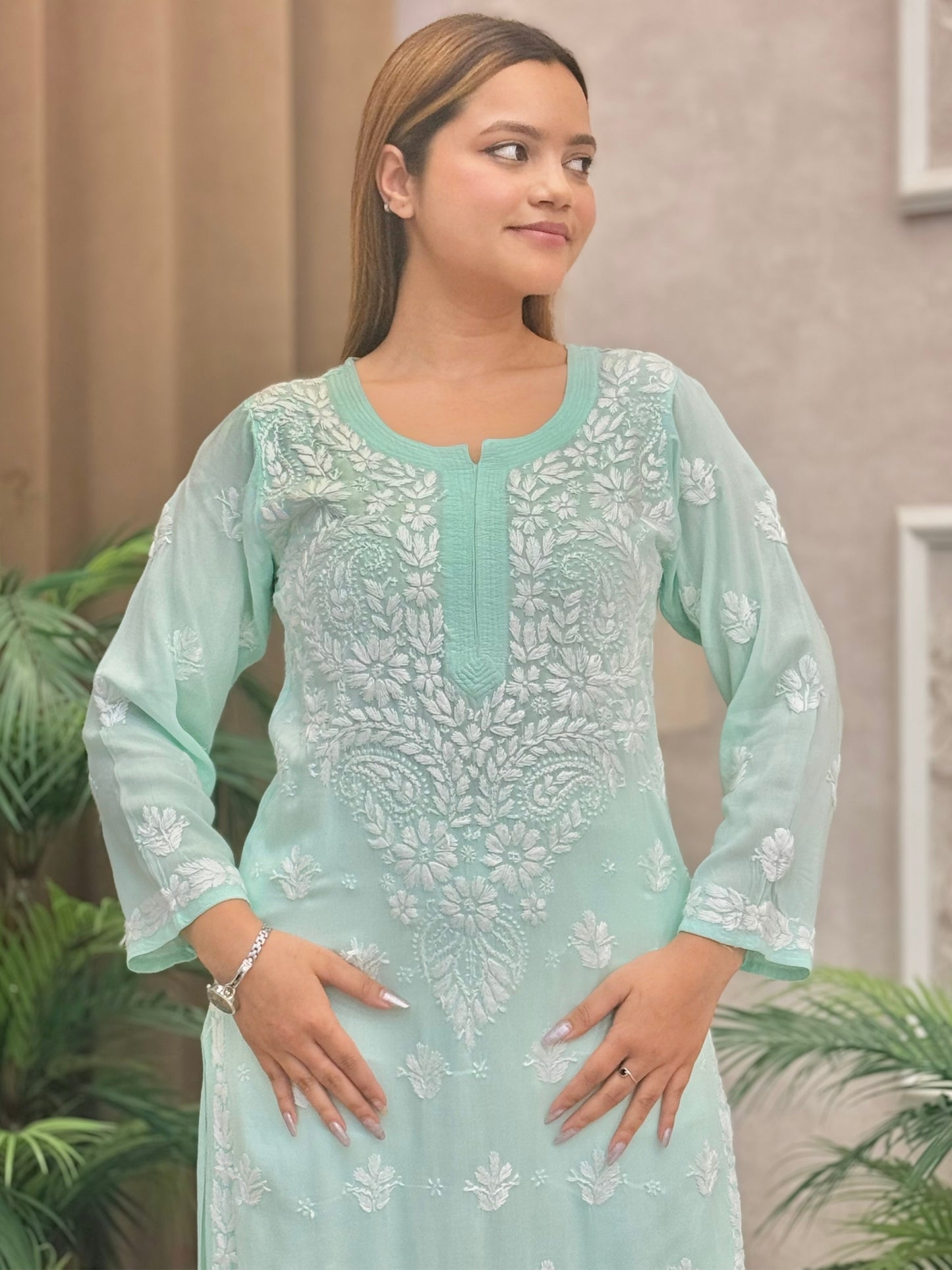 Aqua Blue Lucknow Chikankari modal kurta with hand embroidery, soft and premium quality.
