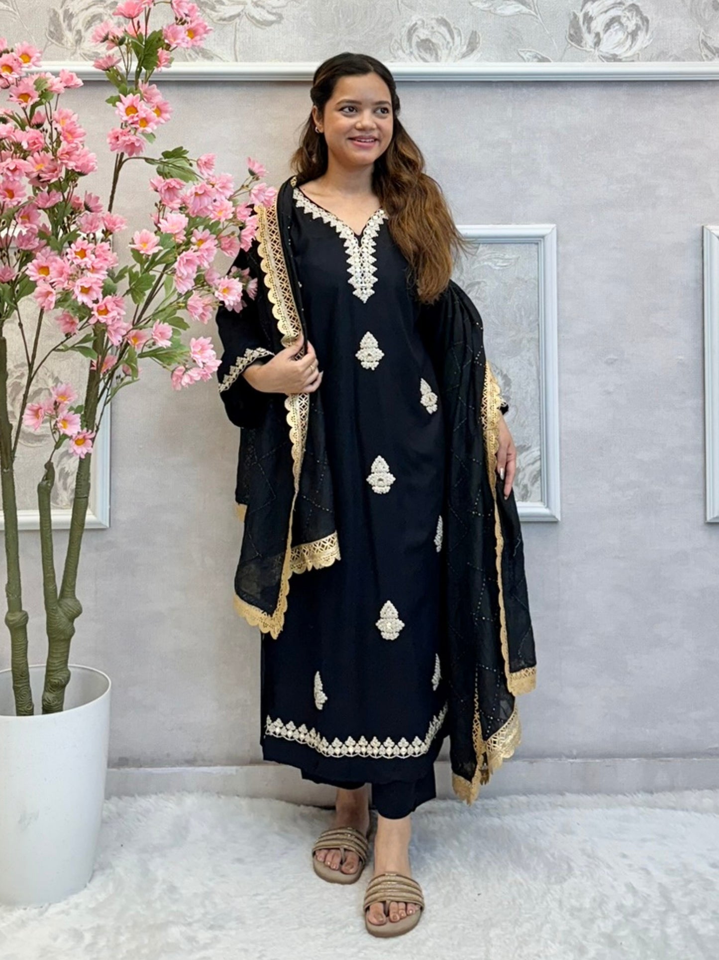 Black rayon kurta set with gold zari embroidery and chanderi dupatta – designer festive wear