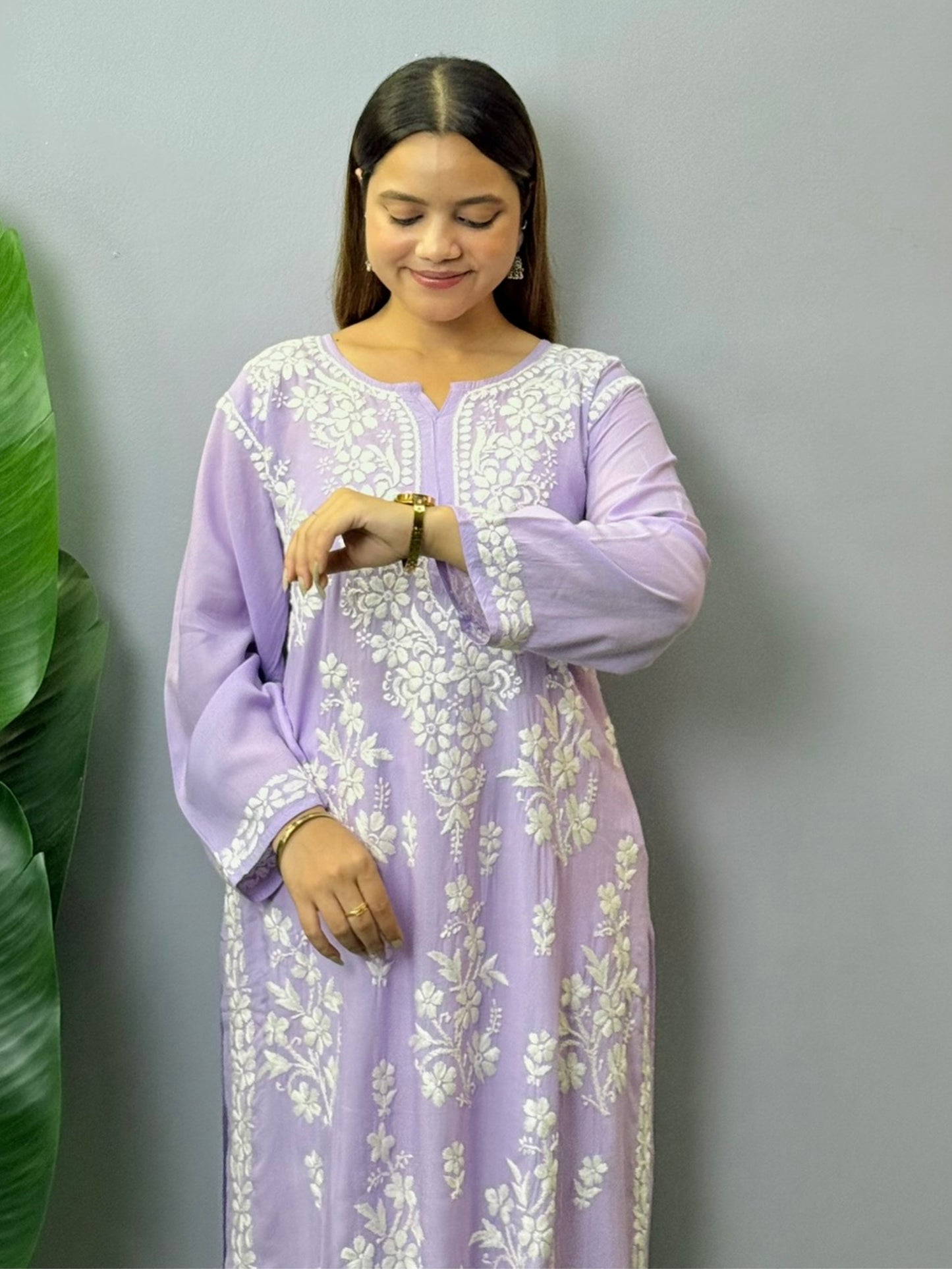 Lilac modal Lucknowi Chikankari kurta with white hand embroidery, soft and comfortable