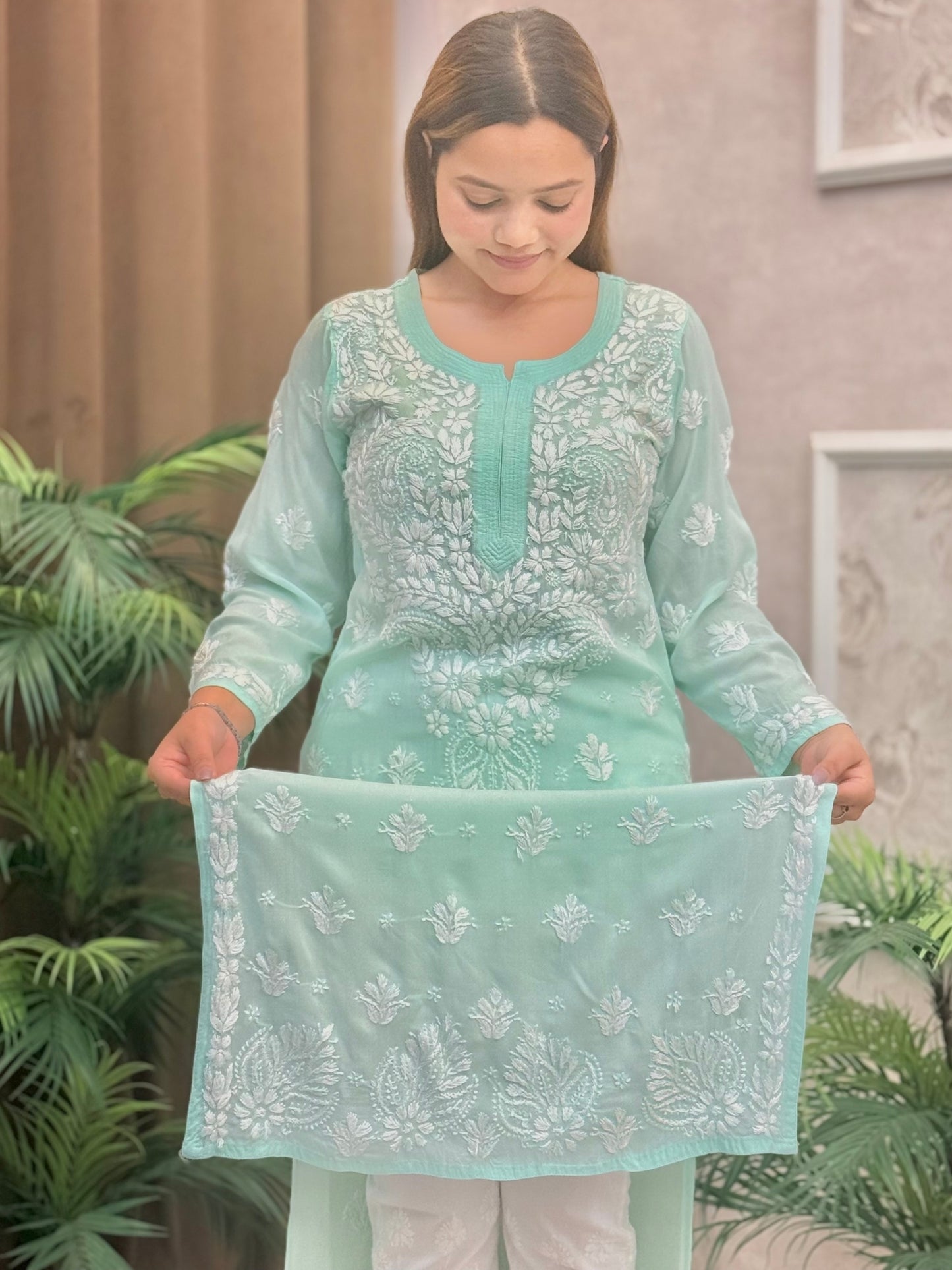 Aqua Blue Lucknow Chikankari modal kurta with hand embroidery, soft and premium quality.