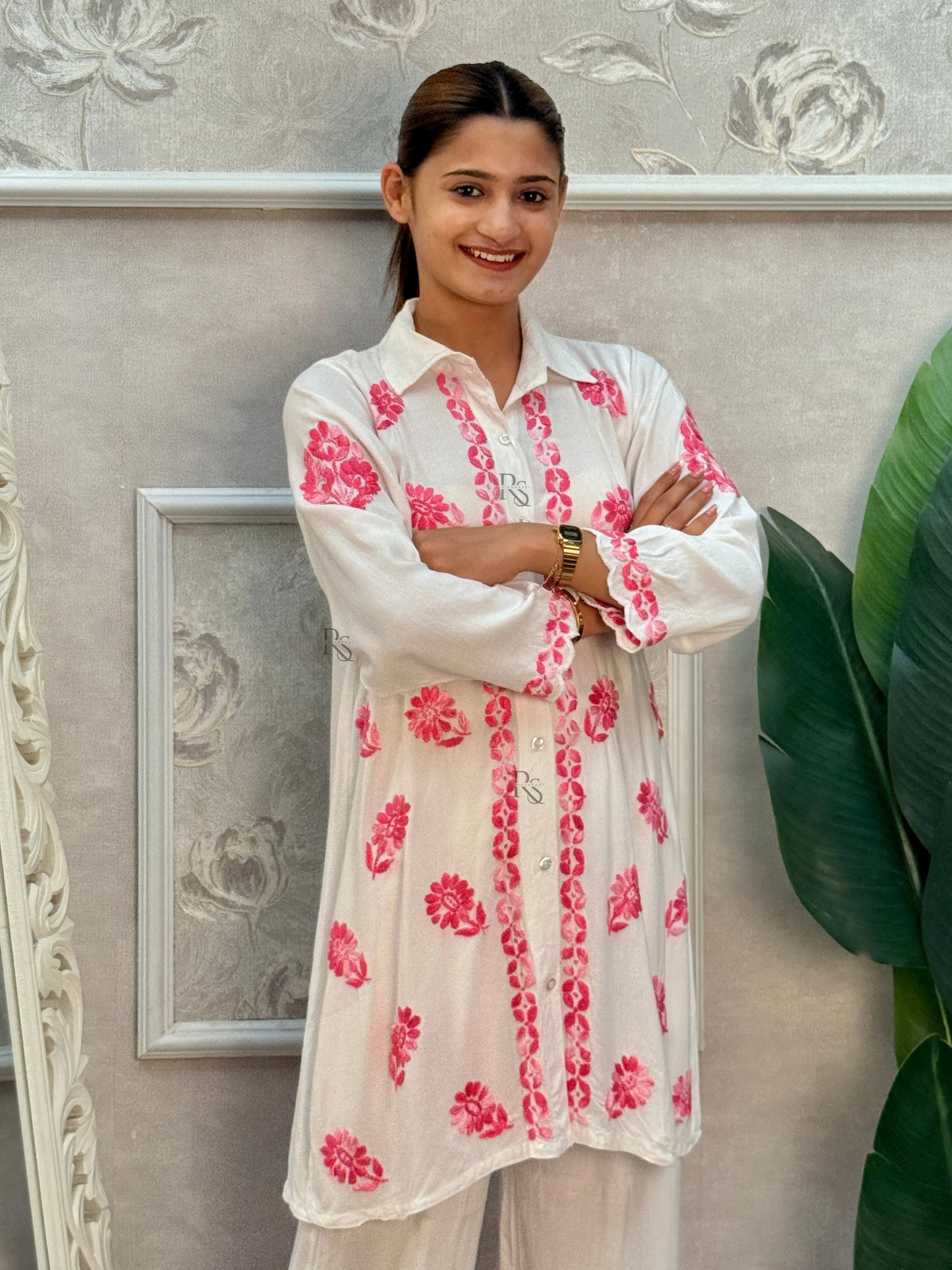 White rayon Lucknow Chikankari kurta and palazzo set with pink thread hand embroidery
