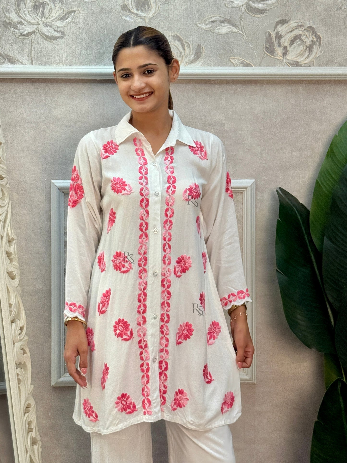 White rayon Lucknow Chikankari kurta and palazzo set with pink thread hand embroidery