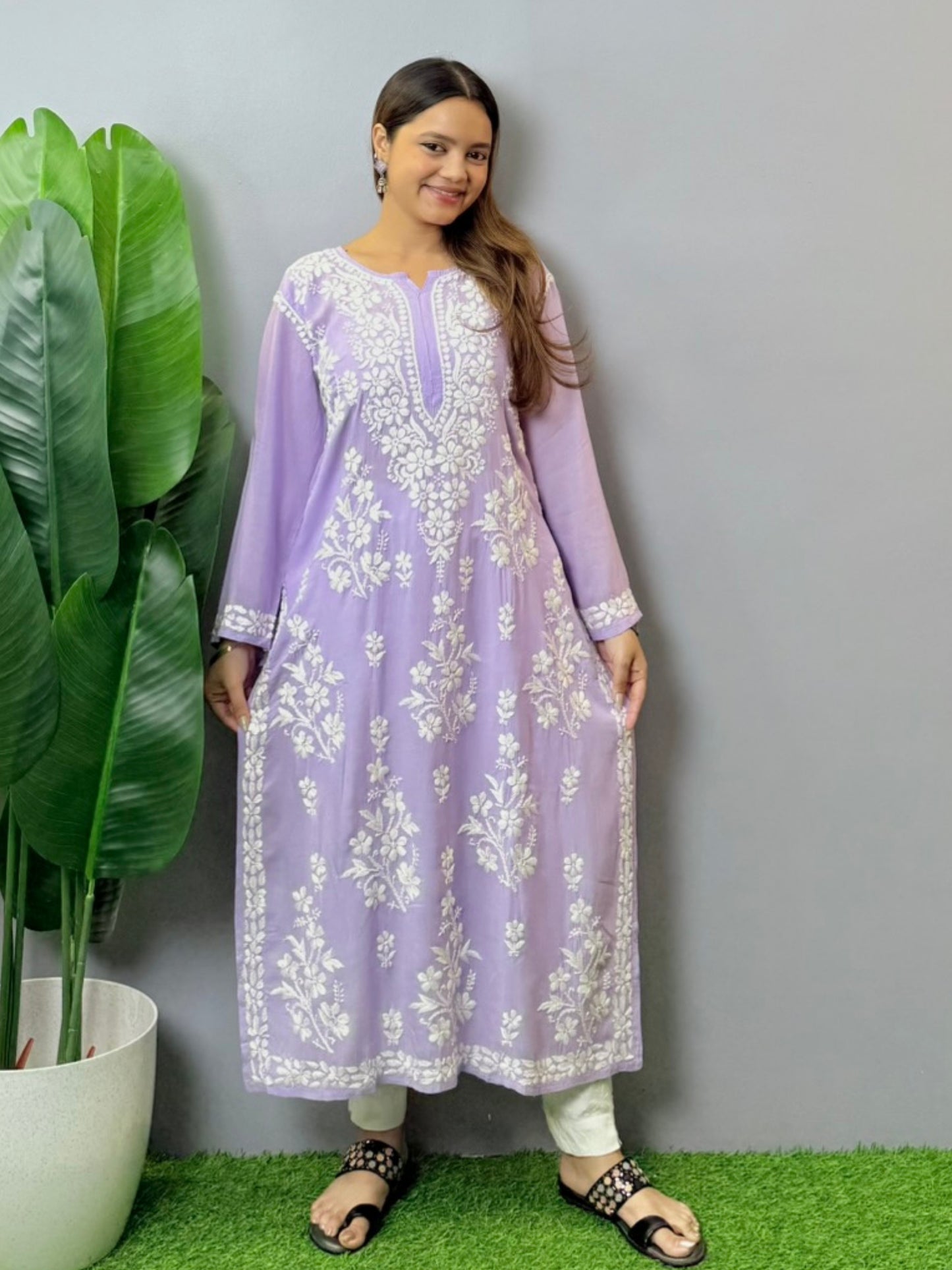 Lilac modal Lucknowi Chikankari kurta with white hand embroidery, soft and comfortable