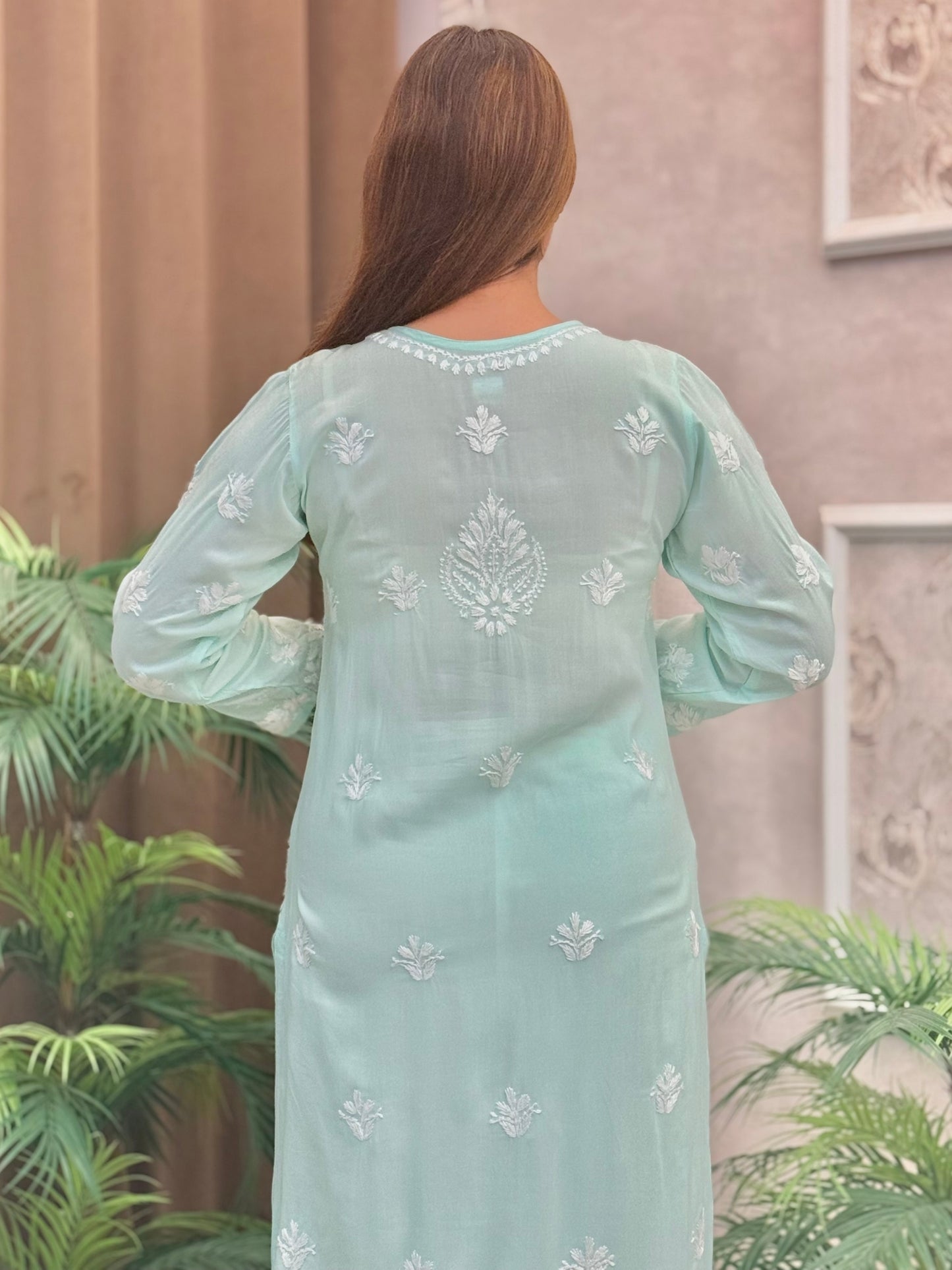 Aqua Blue Lucknow Chikankari modal kurta with hand embroidery, soft and premium quality.