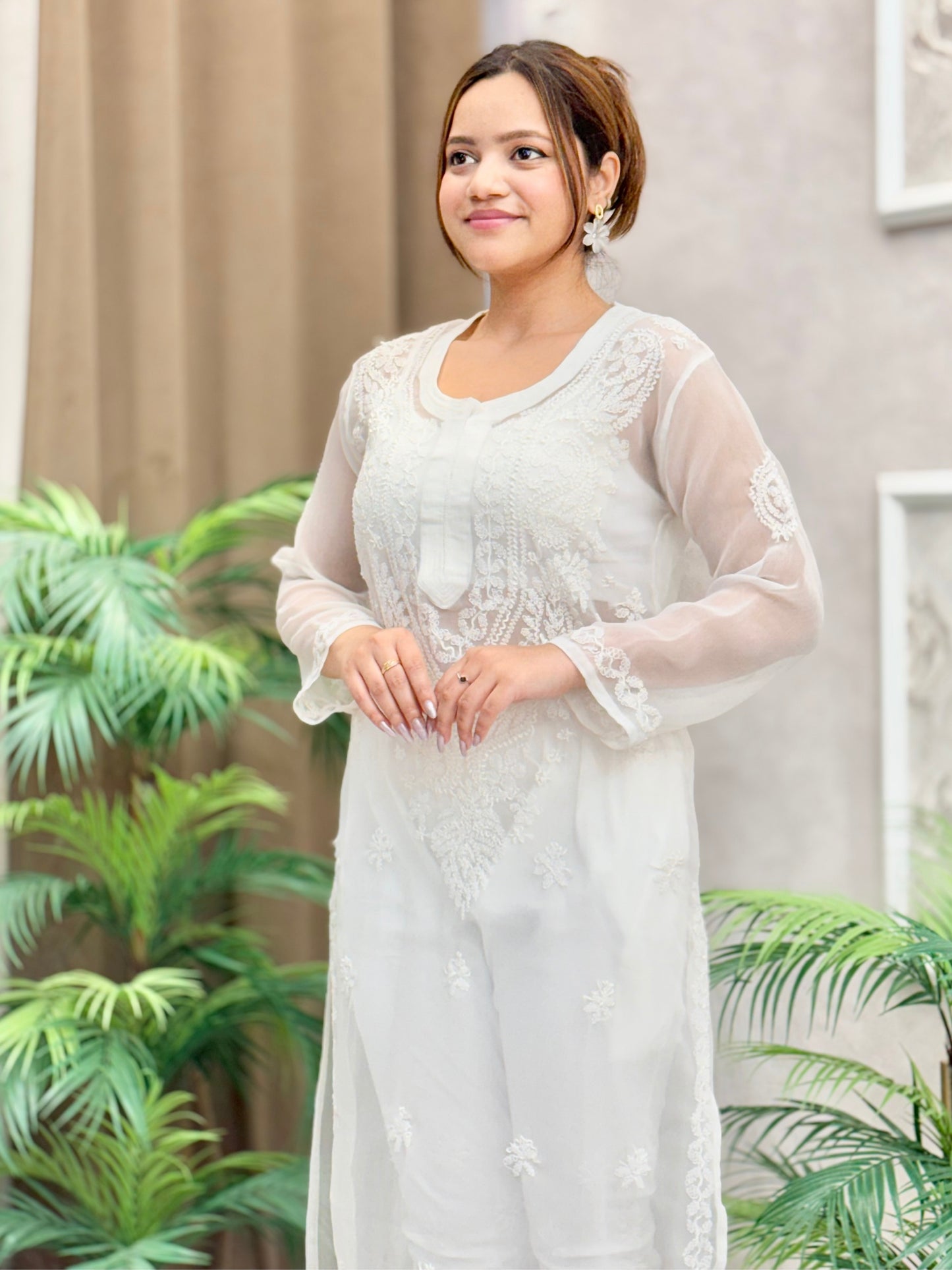 White translucent georgette chikankari kurta with hand embroidery – casual wear.