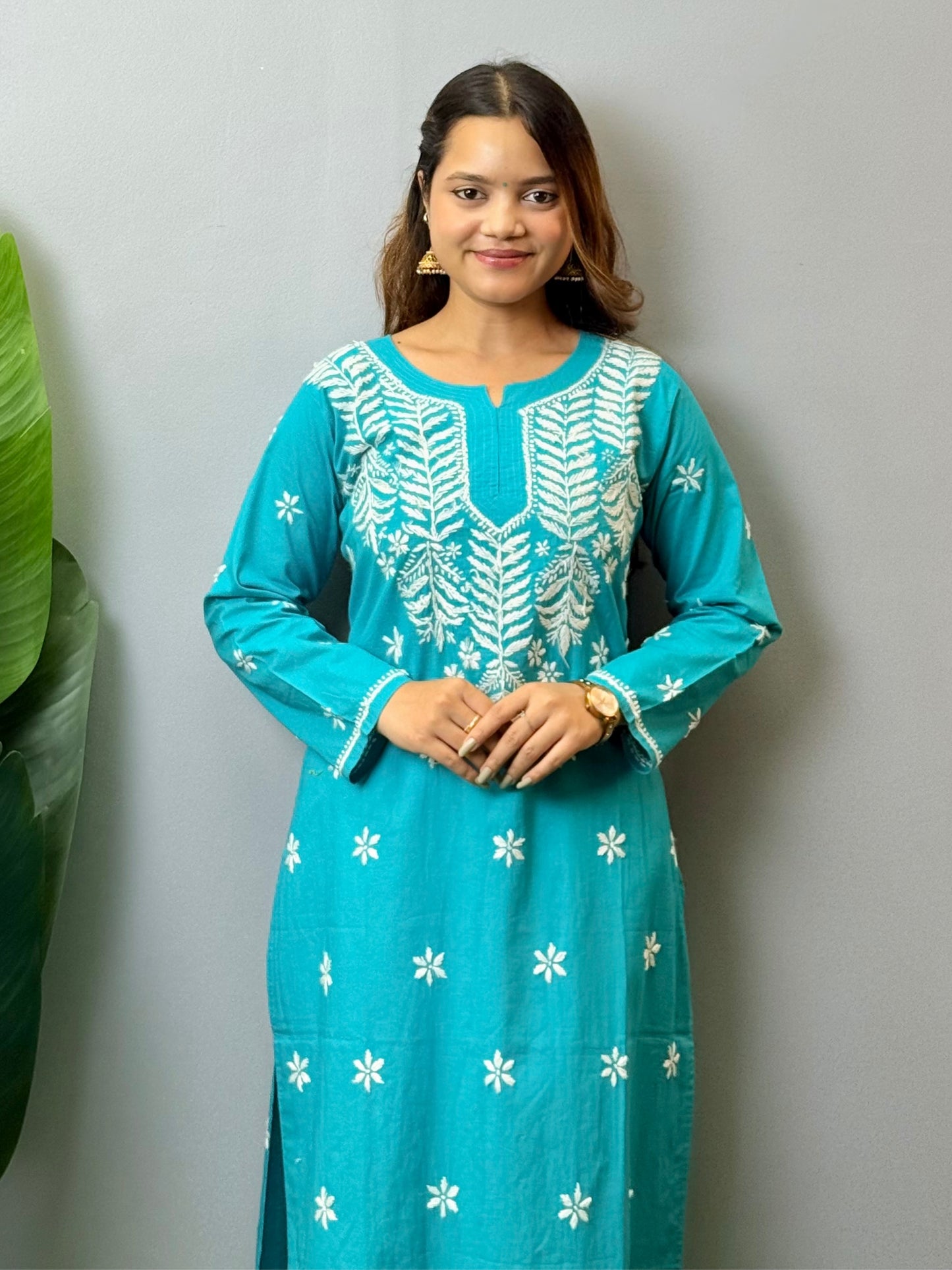 Turquoise blue cotton Lucknow Chikankari kurta with white hand embroidery