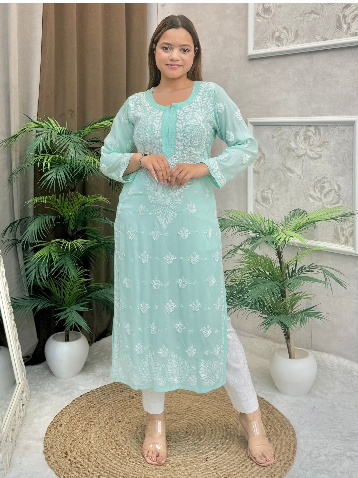 Aqua Blue Lucknow Chikankari modal kurta with hand embroidery, soft and premium quality.