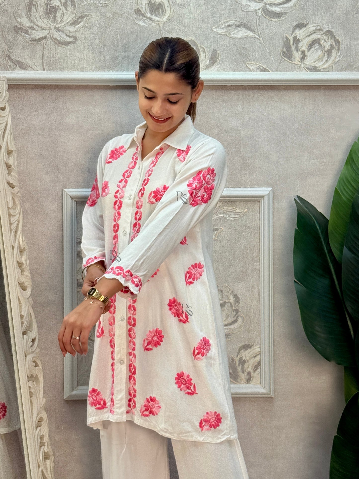 White rayon Lucknow Chikankari kurta and palazzo set with pink thread hand embroidery